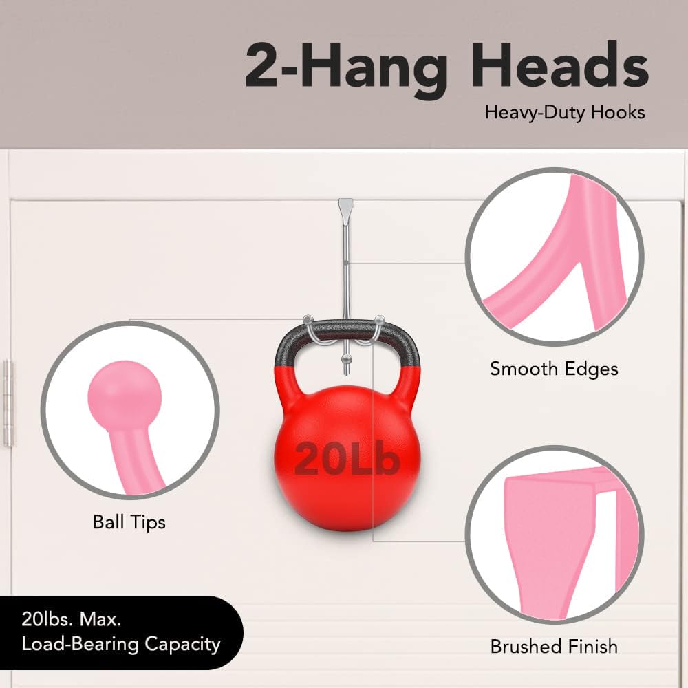 2-Pack Over The Door Hooks - with 2 Hang Heads & Snug Fit Pads Heavy Duty Hook for Hanging Coats, Towels, Caps & Robes - Elegant Matt Finish - No Drill Hanger Organizer - Black