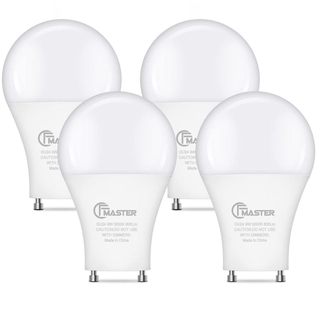 GU24 LED Llight Bulb, 3000K Warm White, 9W(100W Equivalent), 800 Lumens, A19 Shape GU24 LED Bulbs, Twist and Lock GU24 Pin Base with Two Prongs, Non-Dimmable(4-Pack)