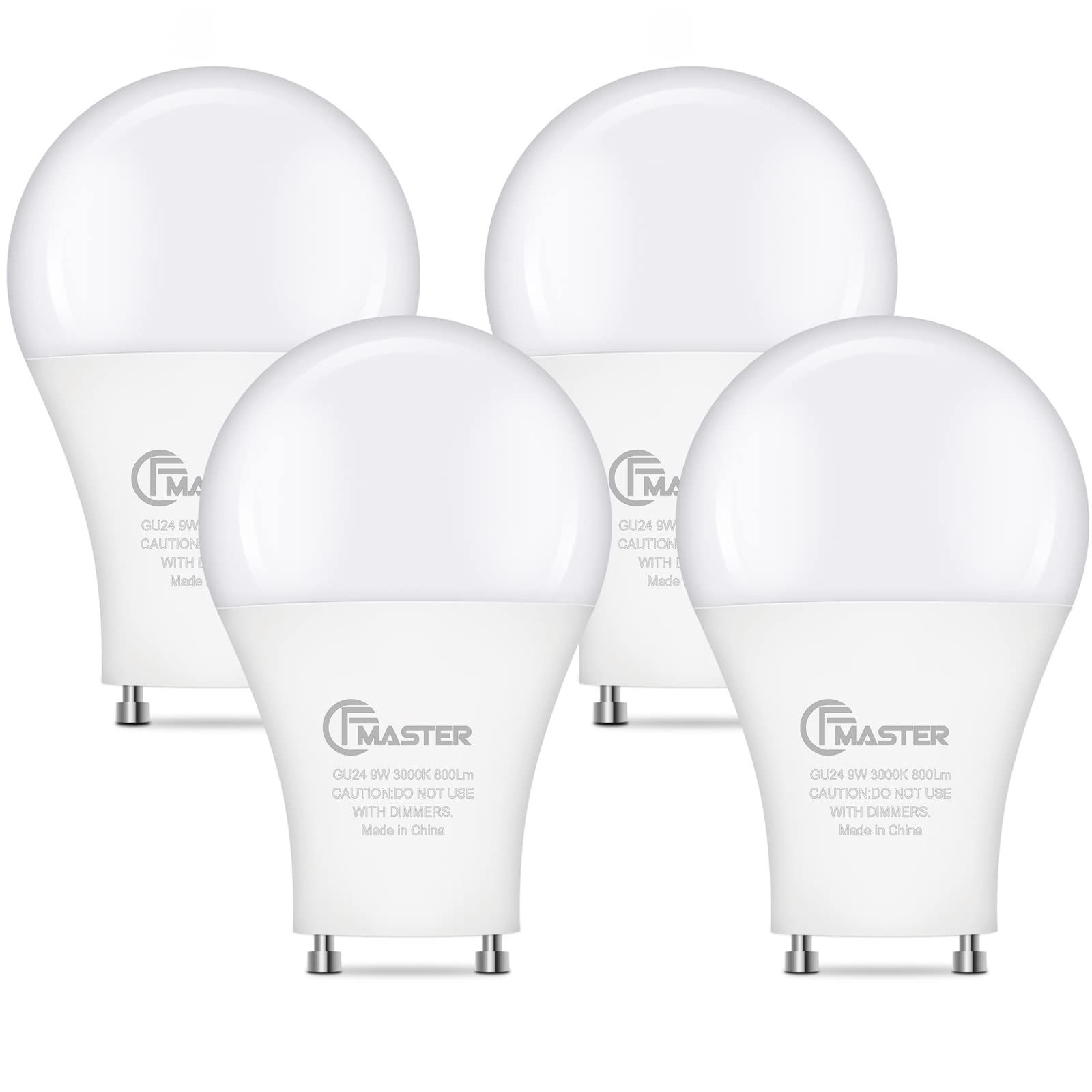 GU24 LED Llight Bulb, 3000K Warm White, 9W(100W Equivalent), 800 Lumens, A19 Shape GU24 LED Bulbs, Twist and Lock GU24 Pin Base with Two Prongs, Non-Dimmable(4-Pack)