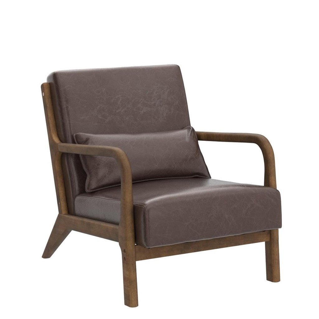 Glitzhome 2 Set Mid Century Black Accent Armchair, Single Reading Armchair PU Leather Lounge Chair with Walnut Ruberwood Frame