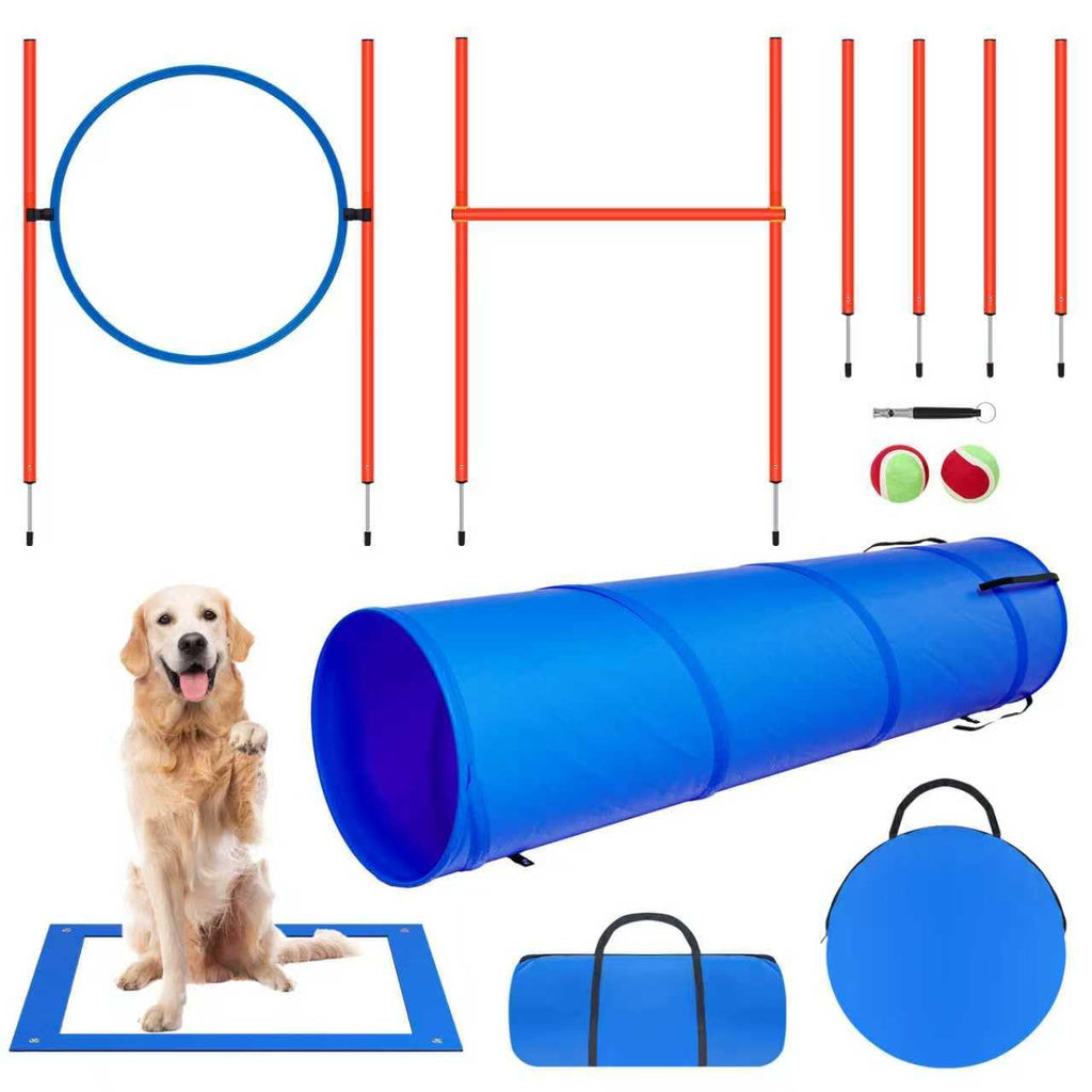 Polar Aurora Dog Agility Equipment, Dog Obstacle Courses Backyard - Pet Outdoor Games w/Adjustable High Jump, Agility Weave Poles, Tunnel, Jumping Ring, Pause Box, 2 Balls,Whistle and Carrying Bag