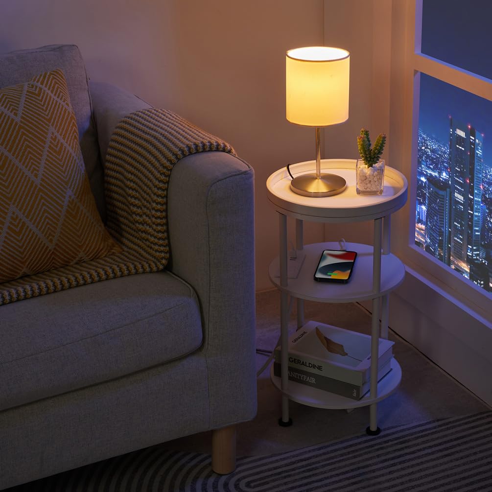 Small Round Side Table with Charging Station for Small Spaces, 3-Tier Accent Table with USB Ports & Power Outlets, Sofa Corner Tea Table for Living Room Nightstand Bedroom Apartment (Black)