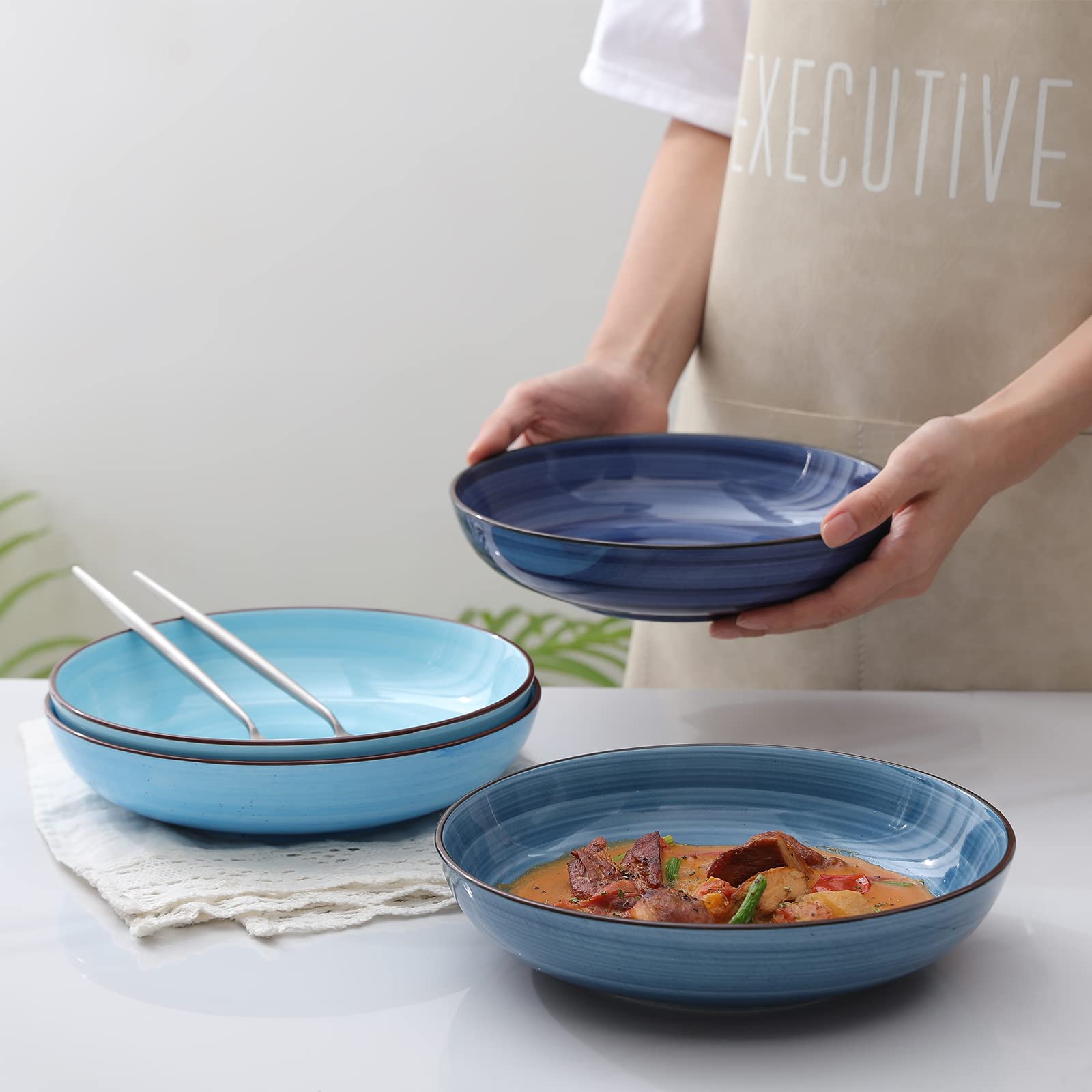 Selamica Ceramic 7.8 inch pasta bowls, 26 Ounce large serving porcelain salad soup bowls, dishwasher microwave safe, set of 6 (Black)