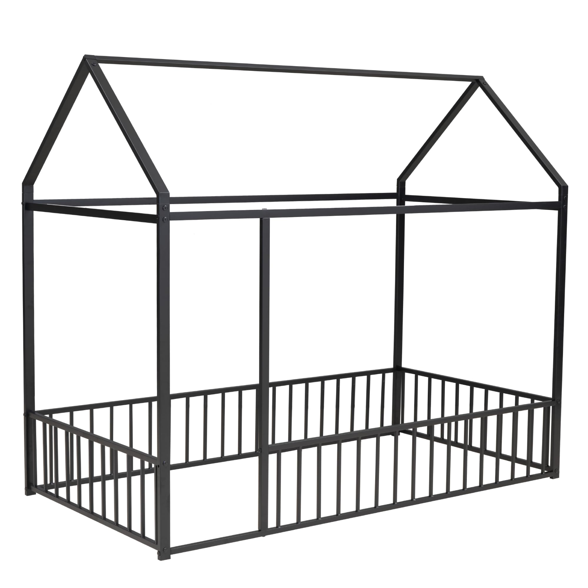 Bellemave Twin Size Montessori Floor Bed, Metal House Bed Framefor Kids, Montessori Floor Beds with Fence, Playhouse for Kids,Black