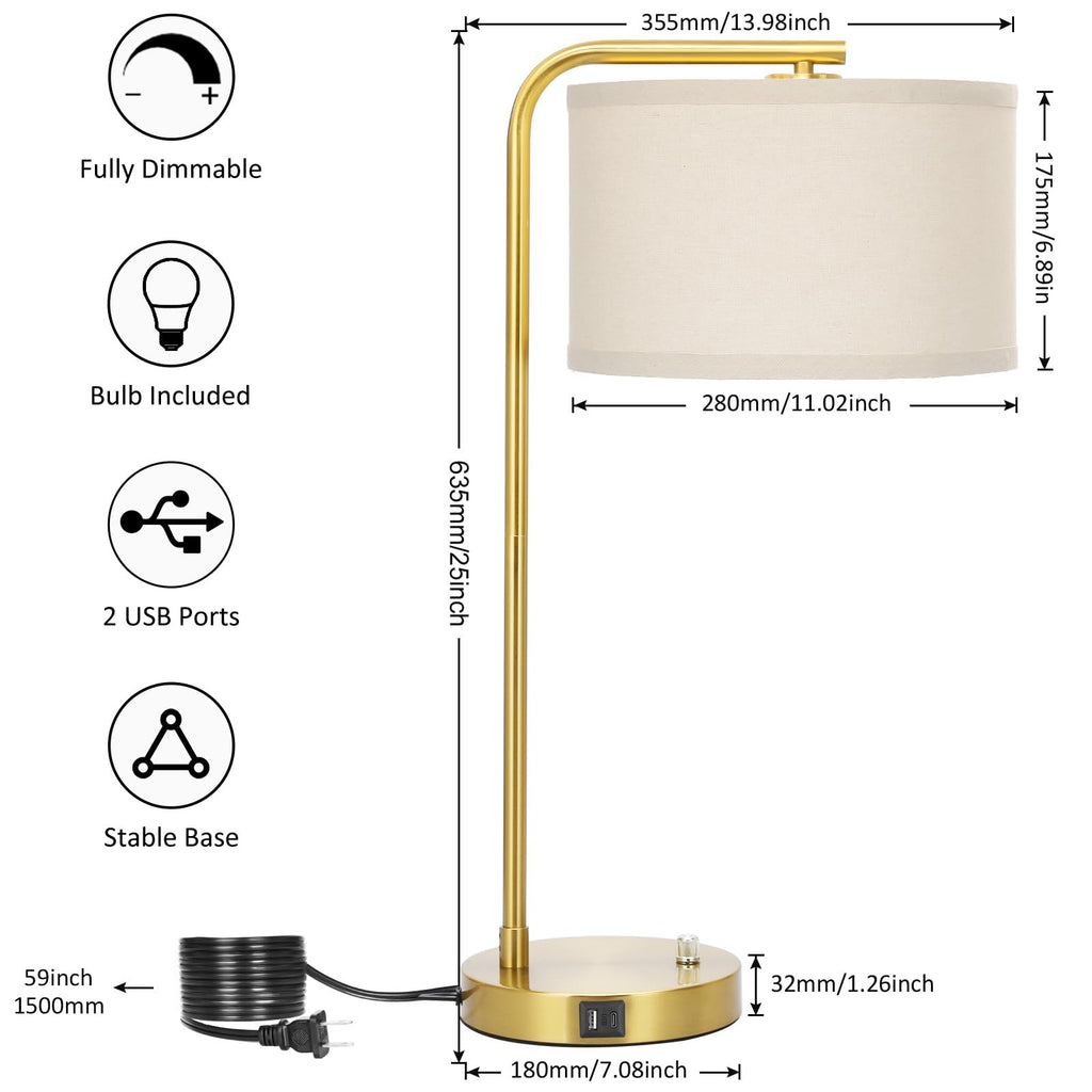 Table Lamps Set of 2, Fully Dimmable Bedside Lamp with USB C+A Charging Ports, Modern Nightstand Lamps with Linen Fabric Shades, Tall Desk Lamp for Bedroom, Living Room, Office, LED Bulb Included