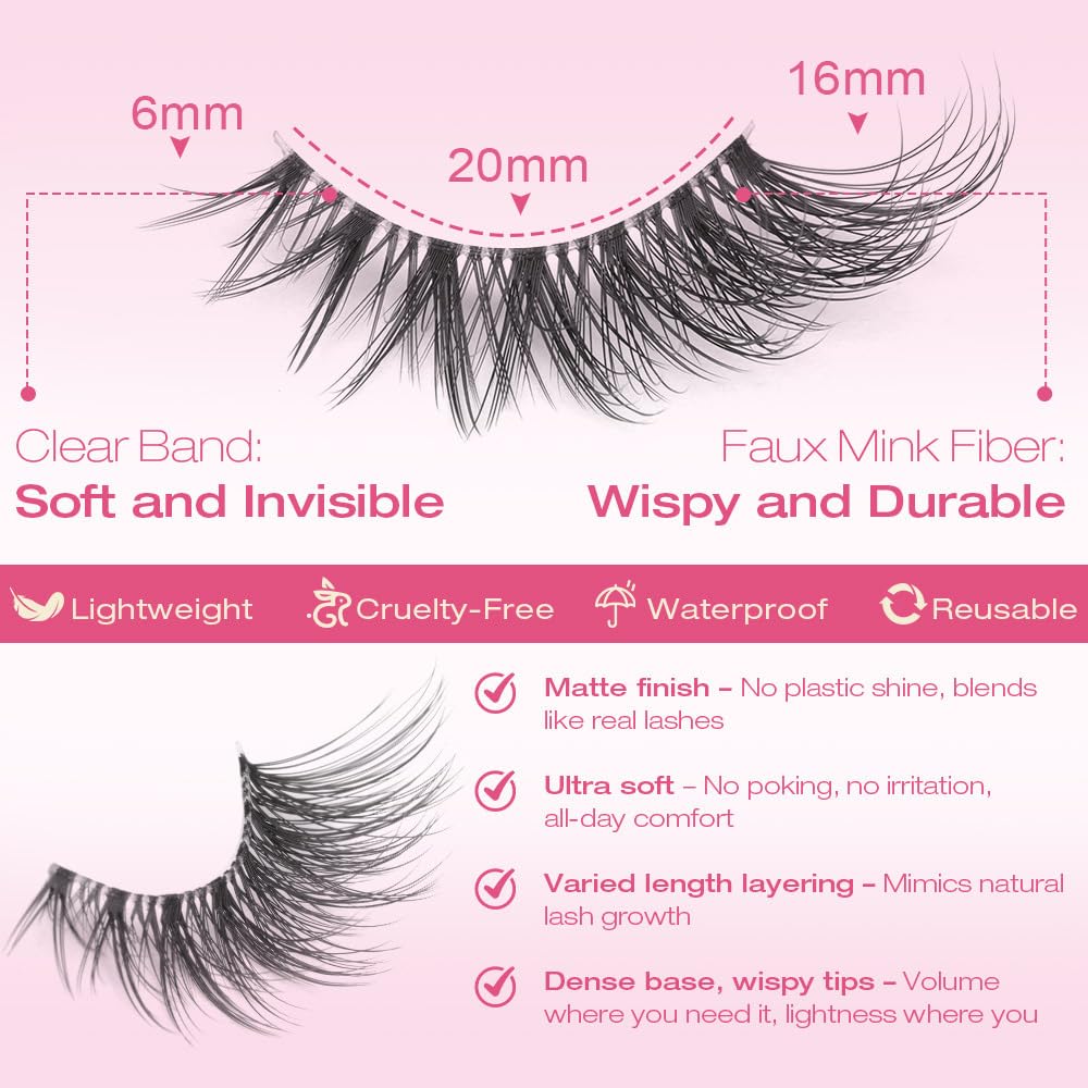 False Lashes Natural Look Wispy Eyelashes Manga Korean Spiky 16mm Short Faux Mink Eyelashes Cat Eye Natural Fake Eyelashes Strip Lashes Pack 14 Pairs