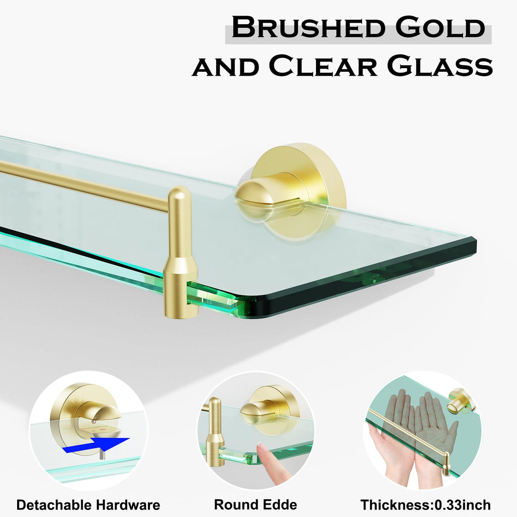 Glass Bathroom Shelves,Brushed Gold Floating Shelves for Wall Rectangular Modern Stainless Steel Glass Shelf for Bathroom Shelves wall Mounted 16 Inch