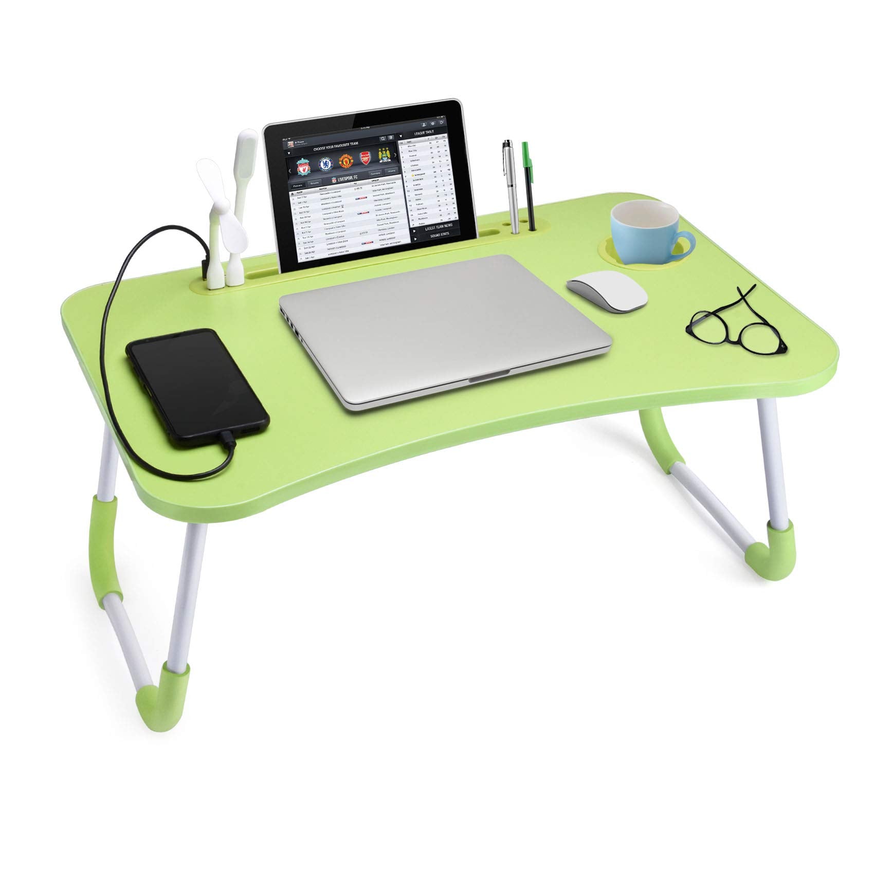 Slendor Lap Desk with Cup Holder, Foldable Laptop Table for Bed, Portable Bed Desk for Laptop and Writing, Computer Tray with Tablet Slot, Notebook Stand Reading Holder for Couch Sofa Floor,Black