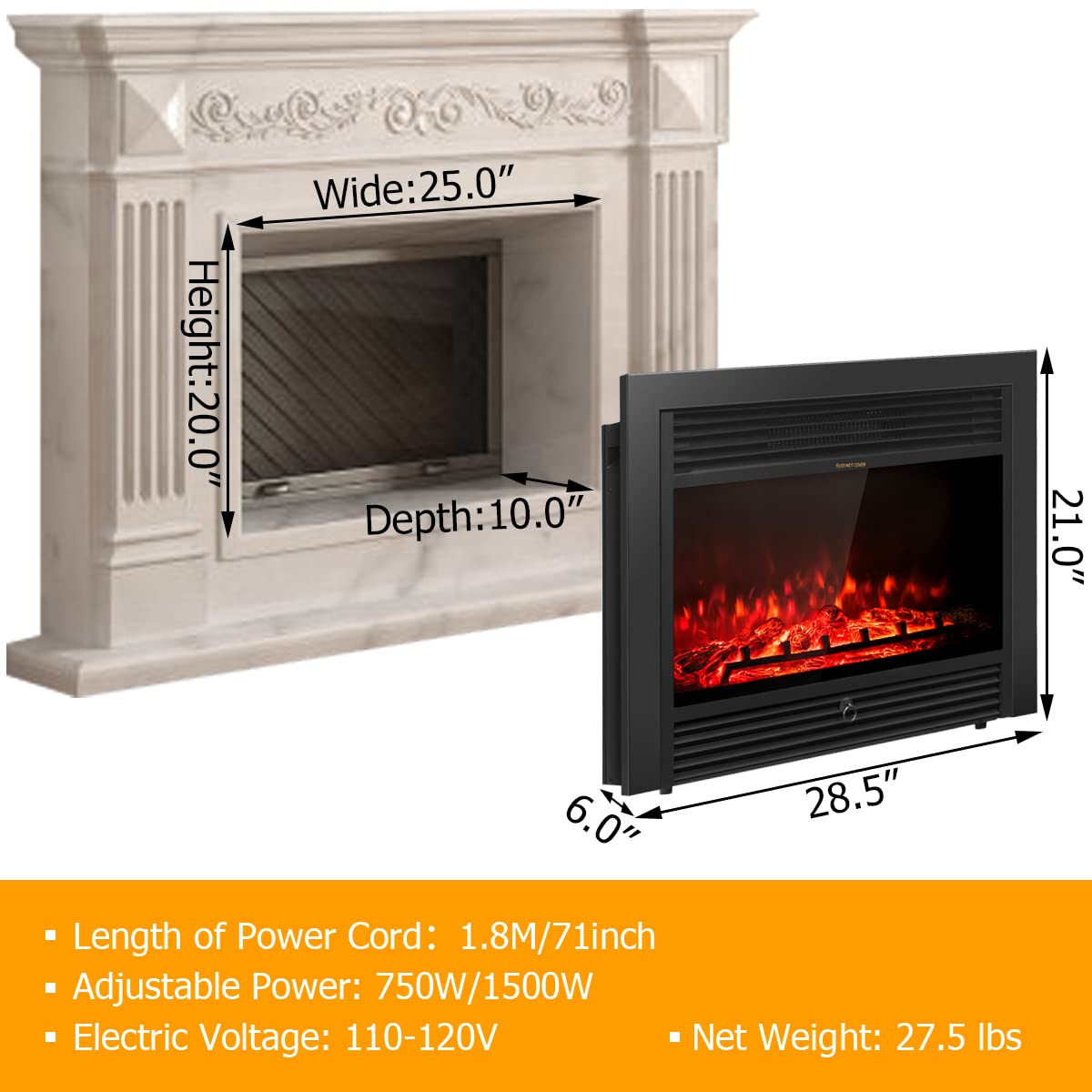 Giantex 18" Electric Fireplace Insert Heater, Wall Recessed/Mounted Fire Places Electric Fireplace with Remote, 2 Modes Heat, 9H Timer, 5 Brightness, 750/1500W Freestanding Fireplace
