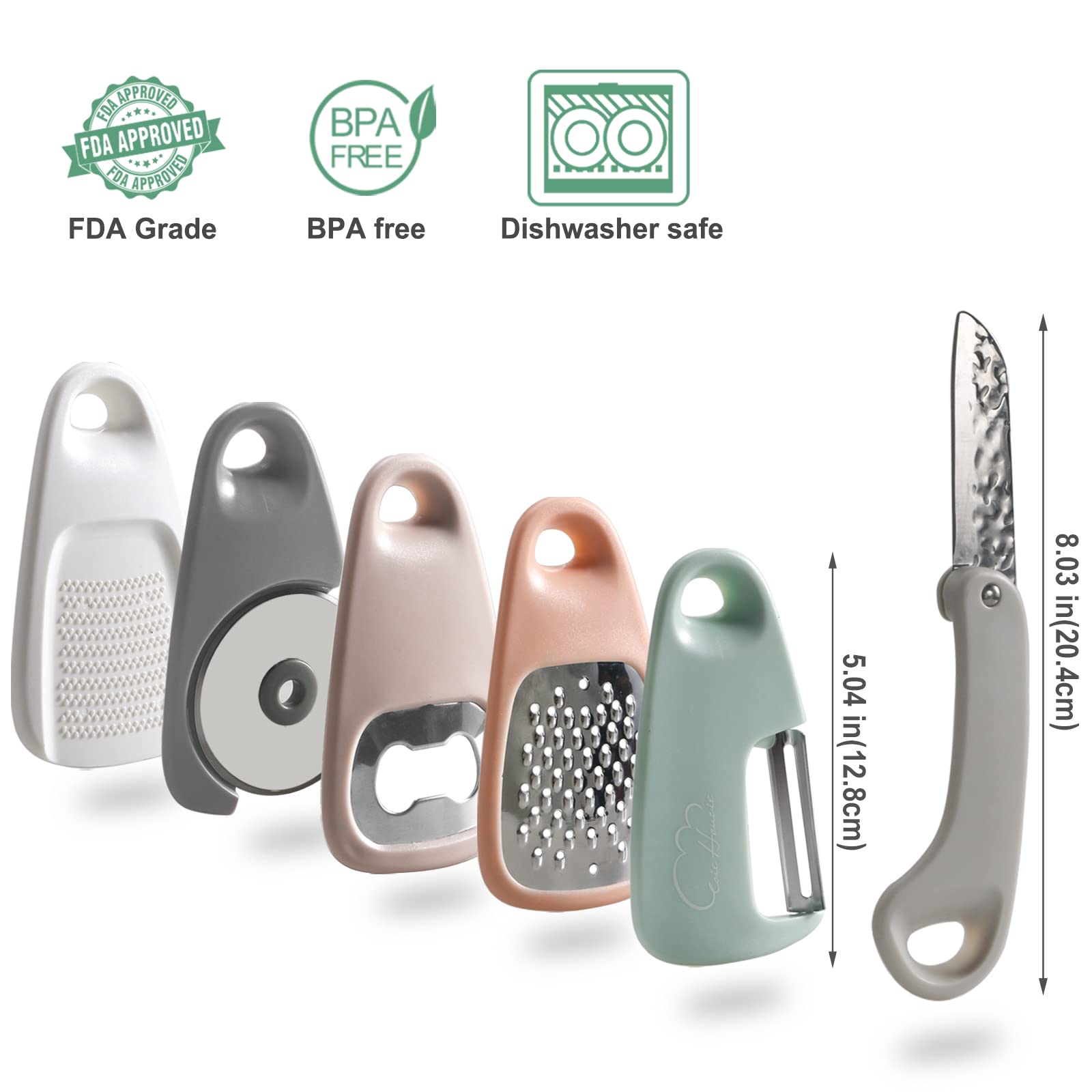 5 Pieces Kitchen Gadgets Set - Space Saving Cooking Tools Accessories Cheese Chocolate Grater, Fruit Vegetable Peeler, Bottle Opener, Pizza Cutter, Burlap Bags with Drawstring Gift Set