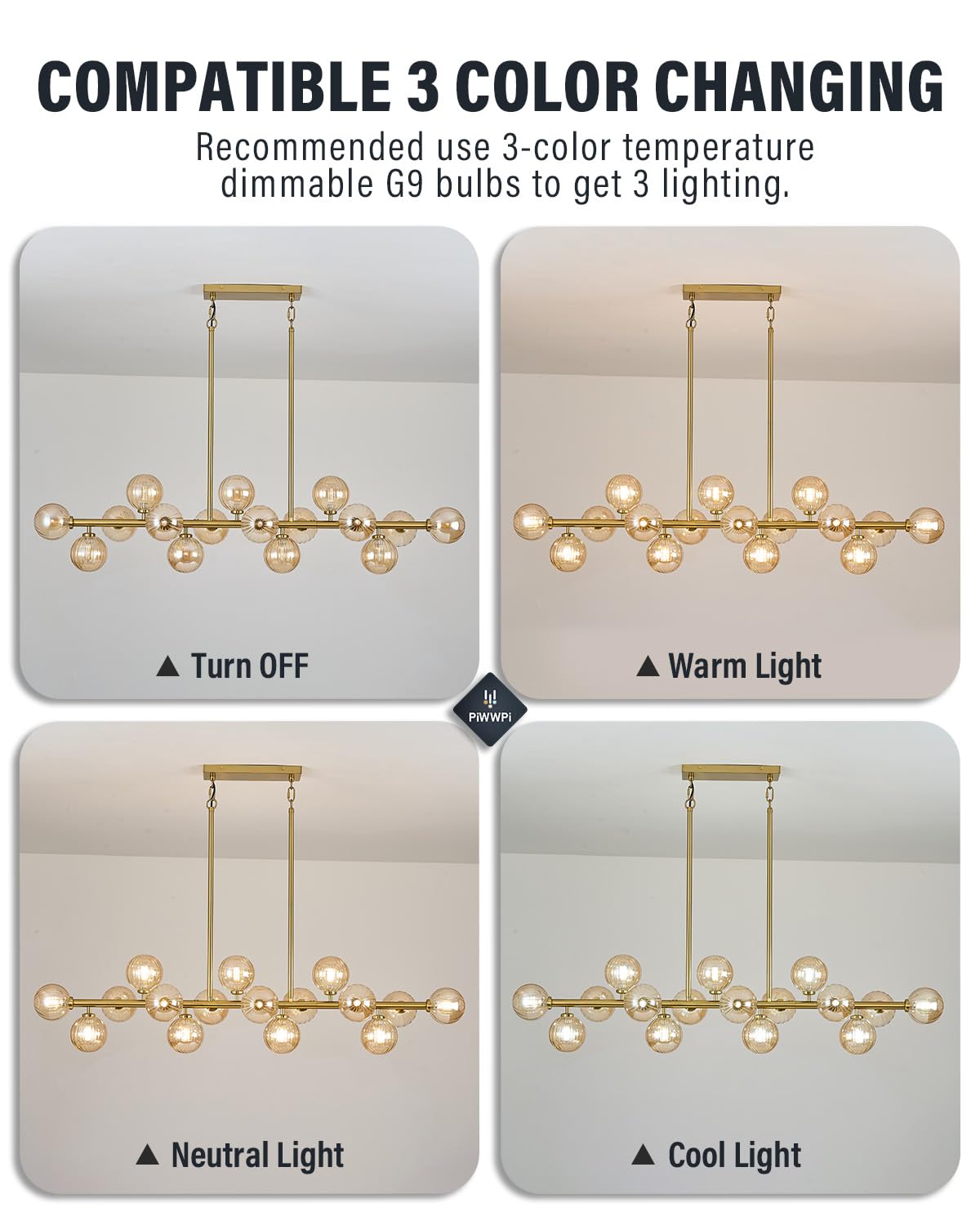 Modern Linear Chandeliers for Dining Room, 8-Light Globe Sputnik Pendant Ceiling Light, Black Dining Room Light Fixture Over Table, Mid Century Glass Milk White Bubble, 31.5 Inch, GC-09