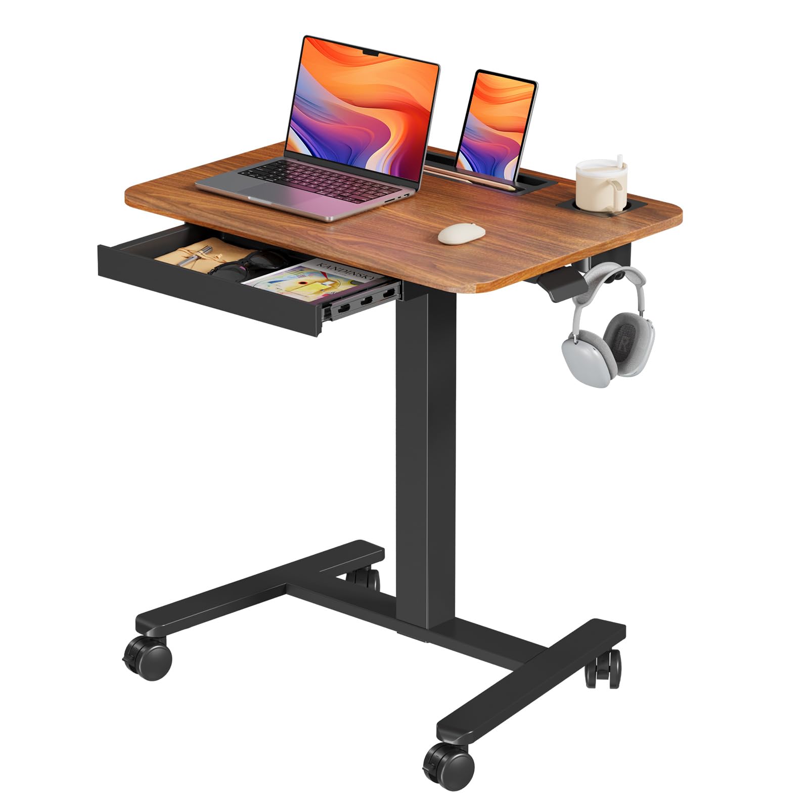 Small Mobile Standing Desk with Drawer, 23.6"x19.7" Rolling Laptop Cart on Wheels, Height Adjustable Sit Stand Computer Workstation with Storage for Compact Space, Black