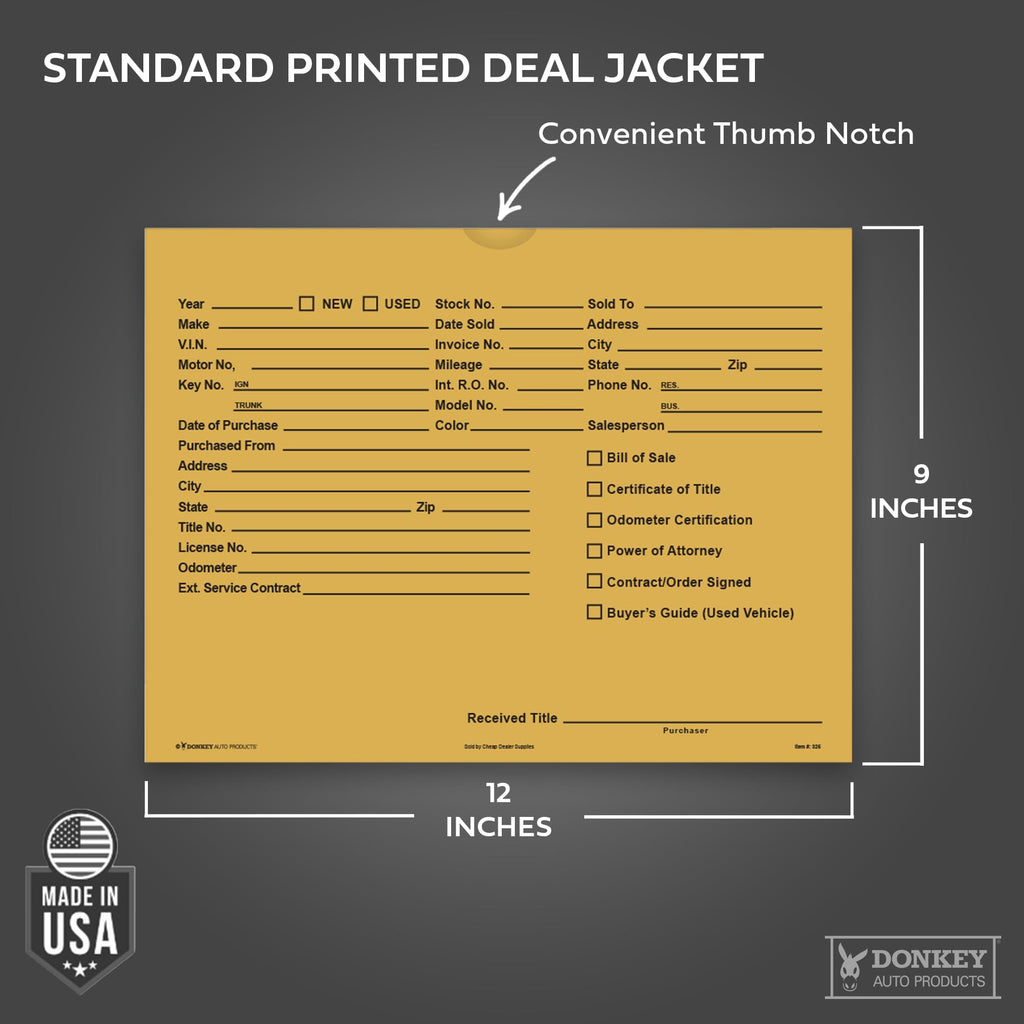 Printed Vehicle Deal Envelopes 9x12 Deal Jackets (100 shrink wrapped) (Blue)