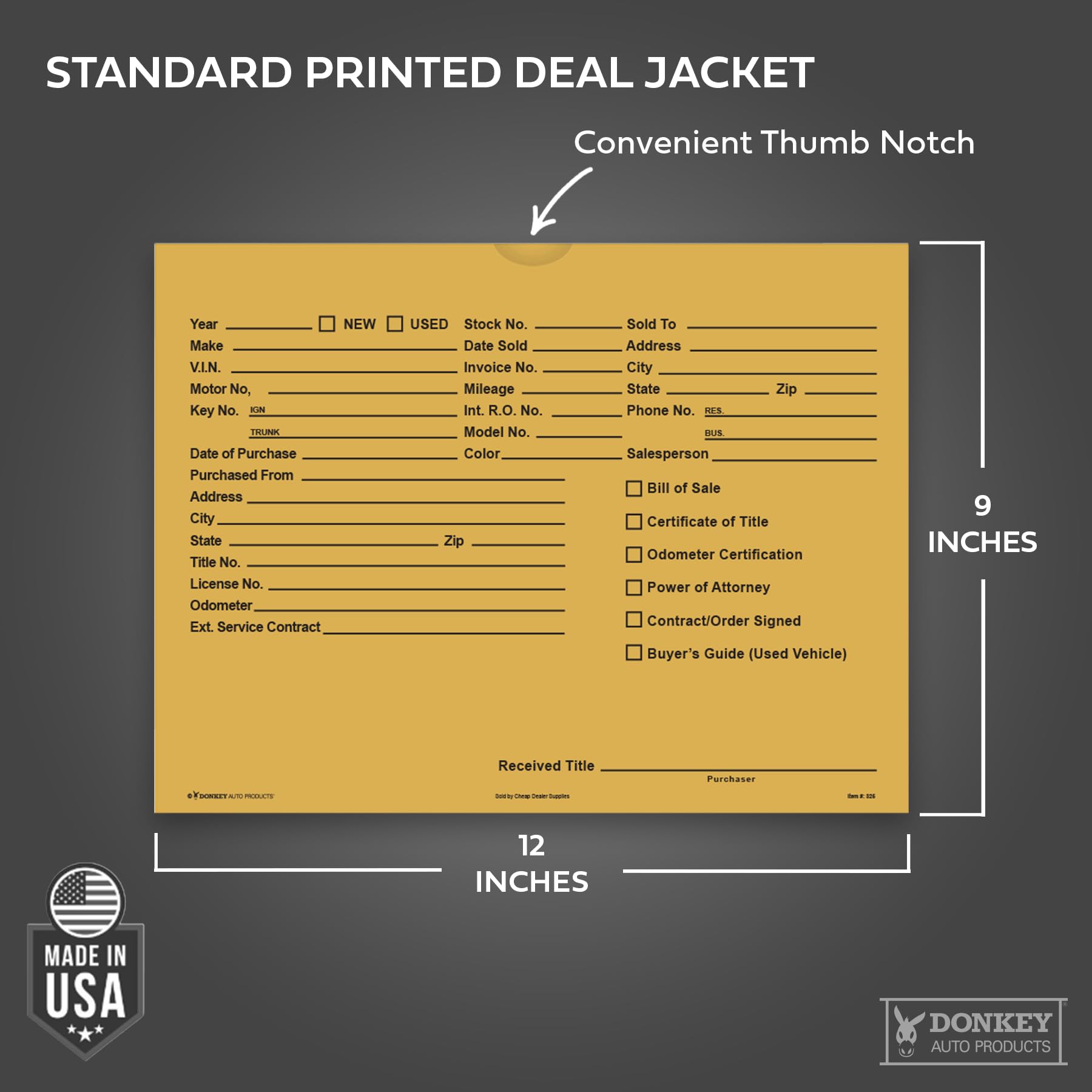 Printed Vehicle Deal Envelopes 9x12 Deal Jackets (100 shrink wrapped) (Blue)