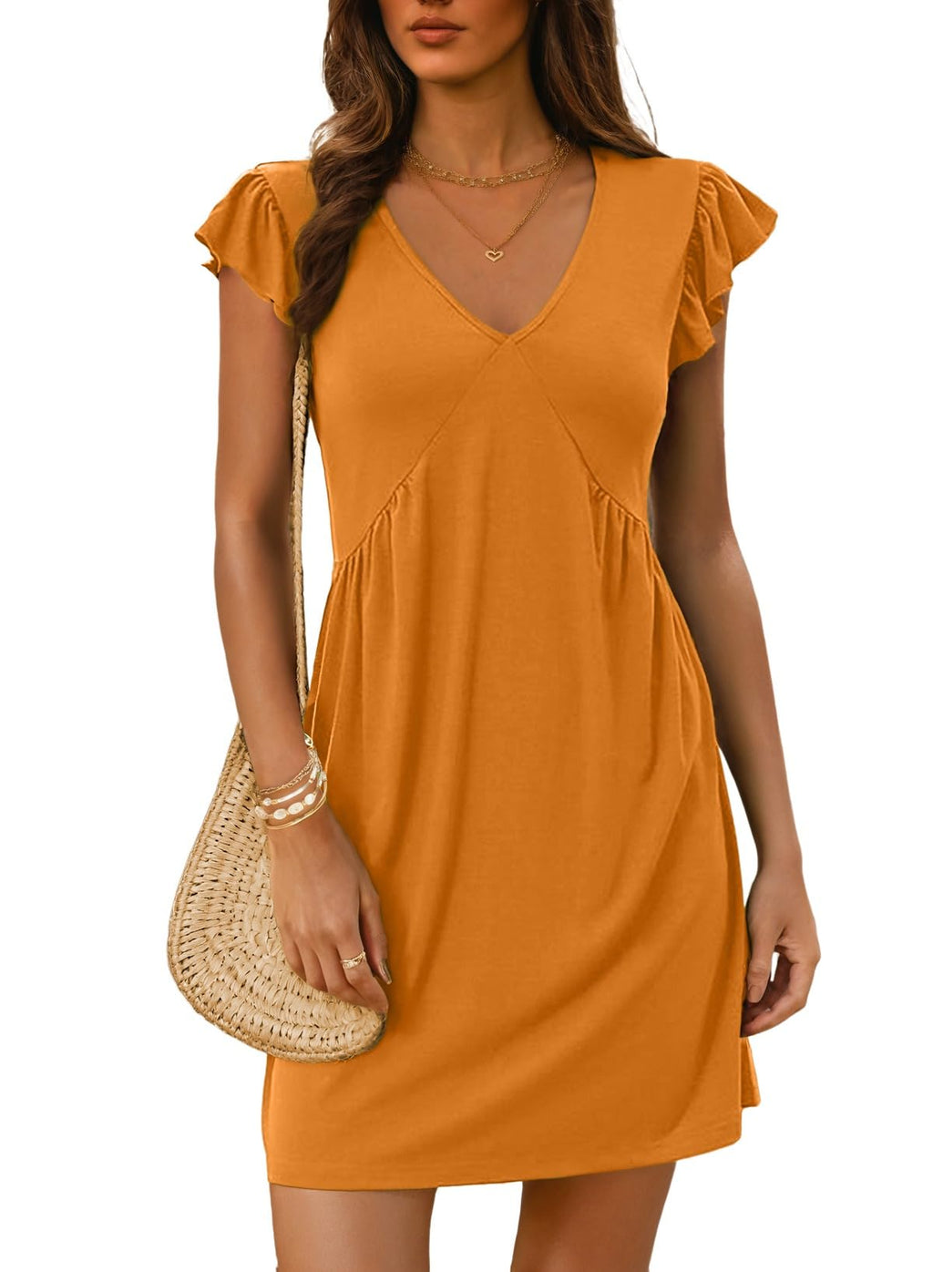 Dokotoo Women's Summer Dresses Beach 2026 Casual Deep V Neck Loose Sundress Ruffle Sleeve Mini Dress