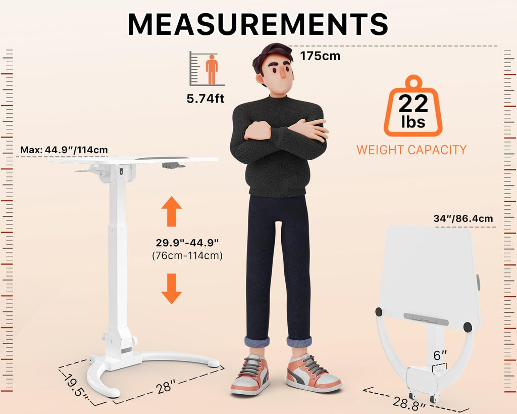 JOY worker Foldable Mobile Standing Desk, Height Adjustable Sit Stand Desk, 90° Tiltable Rolling Laptop Table, Portable Workstation with Non-Slip Mat for Home Office, Holds Up to 22lbs, Black