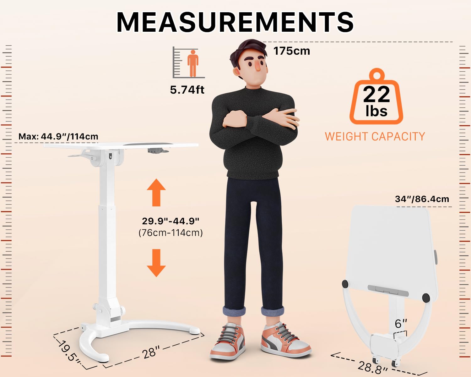 JOY worker Foldable Mobile Standing Desk, Height Adjustable Sit Stand Desk, 90° Tiltable Rolling Laptop Table, Portable Workstation with Non-Slip Mat for Home Office, Holds Up to 22lbs, Black