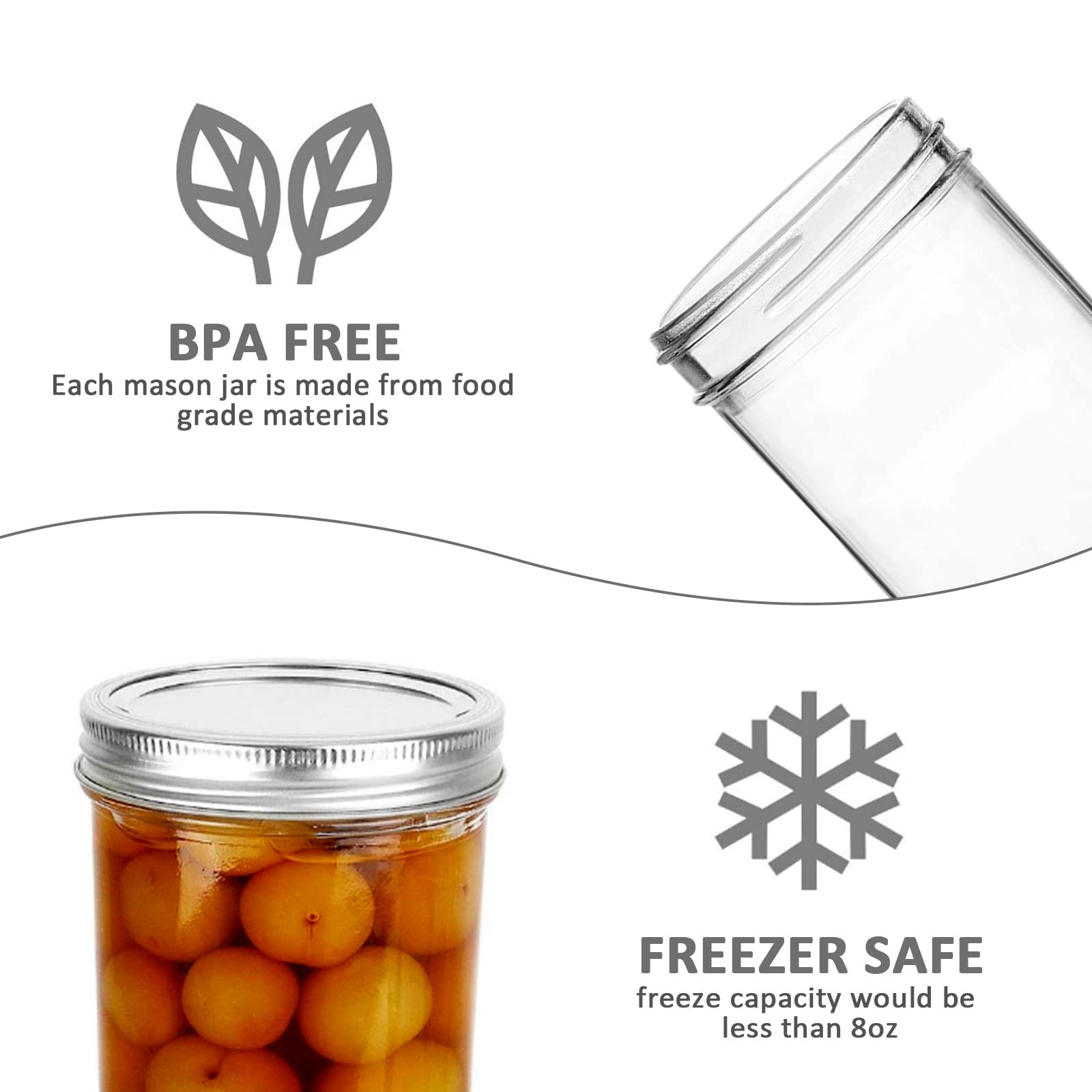 VERONES Mason Jars 8 OZ, 8 OZ Canning Jars Jelly Jars With Regular Lids, Ideal for Jam, Honey, Wedding Favors, Shower Favors, 15 PACK