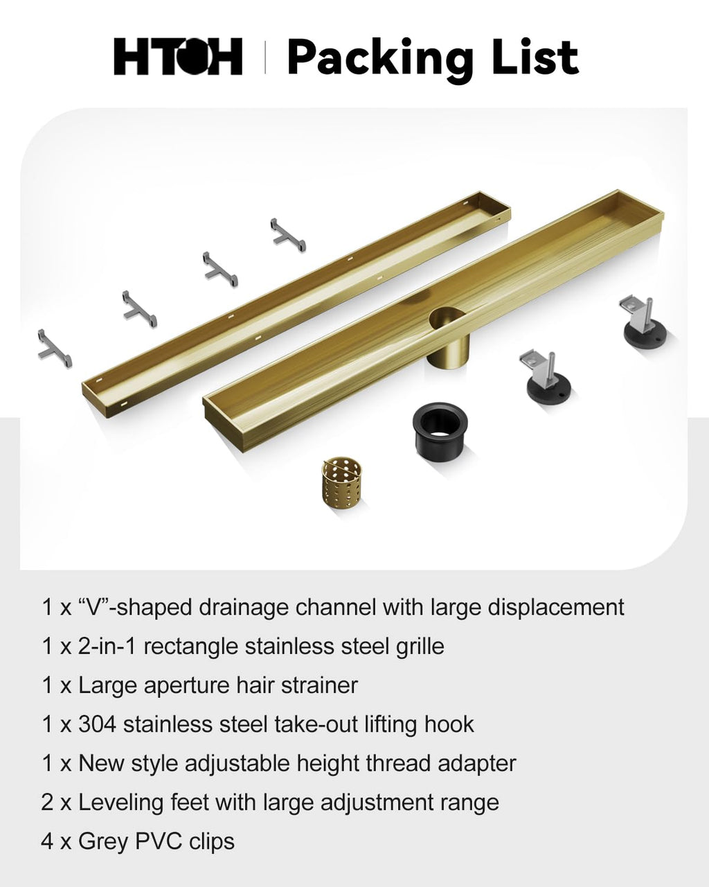 6 Inch Gold Shower Drain, Modern 2-in-1 Tiled Shower Drain - 304 Stainless Steel Square Shower Floor Drain for Bathroom, Brushed Gold Drain Shower with Tile Insert Grate Removable, Hair Strainer