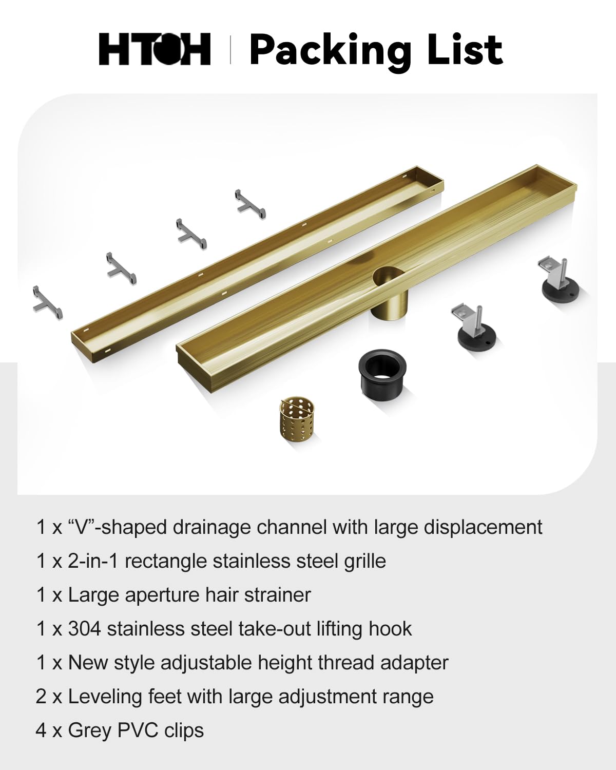 6 Inch Gold Shower Drain, Modern 2-in-1 Tiled Shower Drain - 304 Stainless Steel Square Shower Floor Drain for Bathroom, Brushed Gold Drain Shower with Tile Insert Grate Removable, Hair Strainer