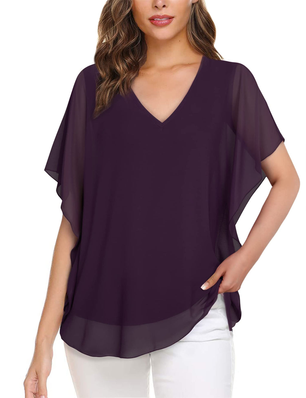 Lotusmile Women's Loose Flouncing Flutter Sleeve Double-Layered Shirt Chiffon Elegant Dressy Blouse Work Tops