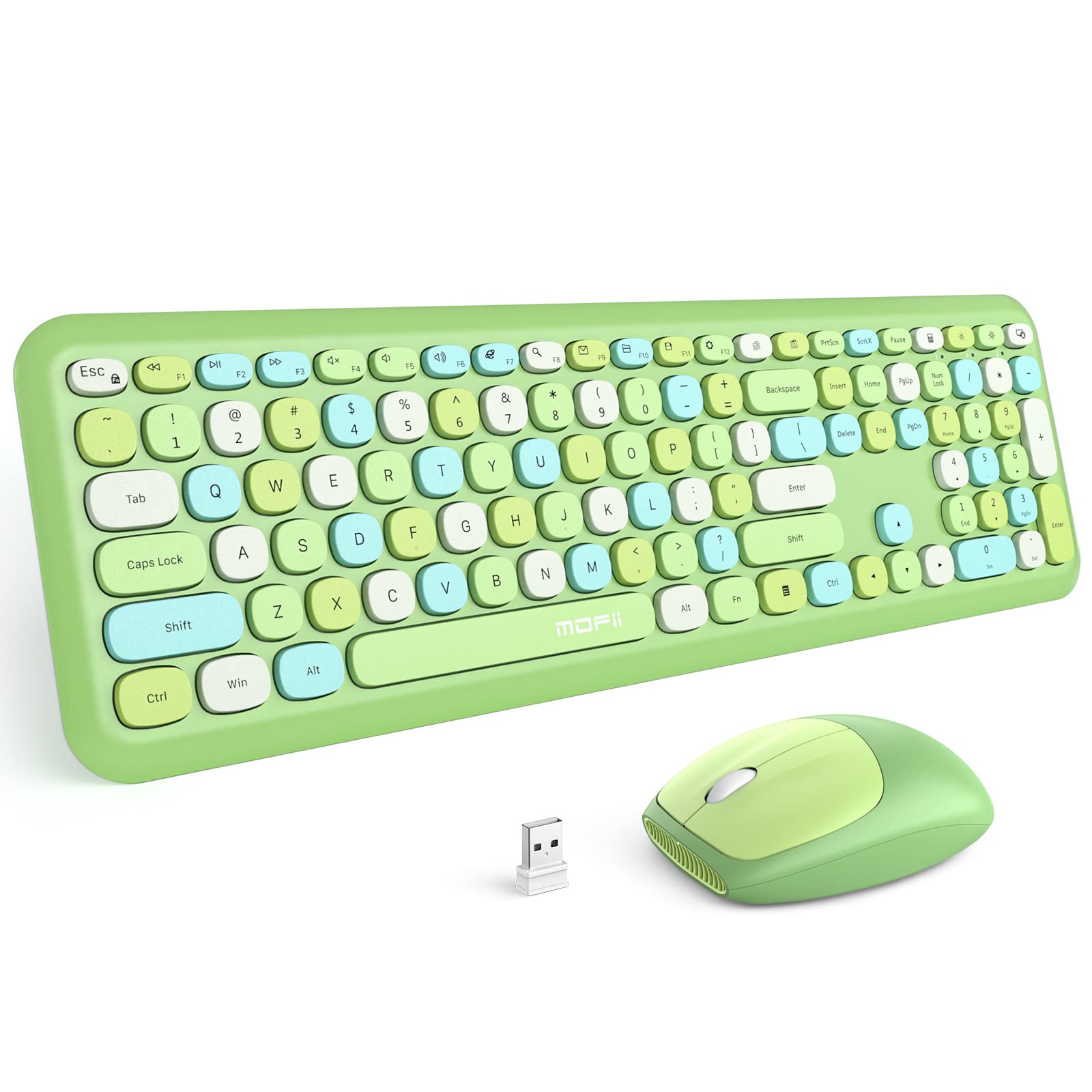 MOFII Wireless Keyboard and Mouse Combo, Compact Typewriter Retro Round Computer Keyboard and Mouse Set, Plug and Play, for Windows, Computer, Desktop, PC, Notebook - Black Green Gradient
