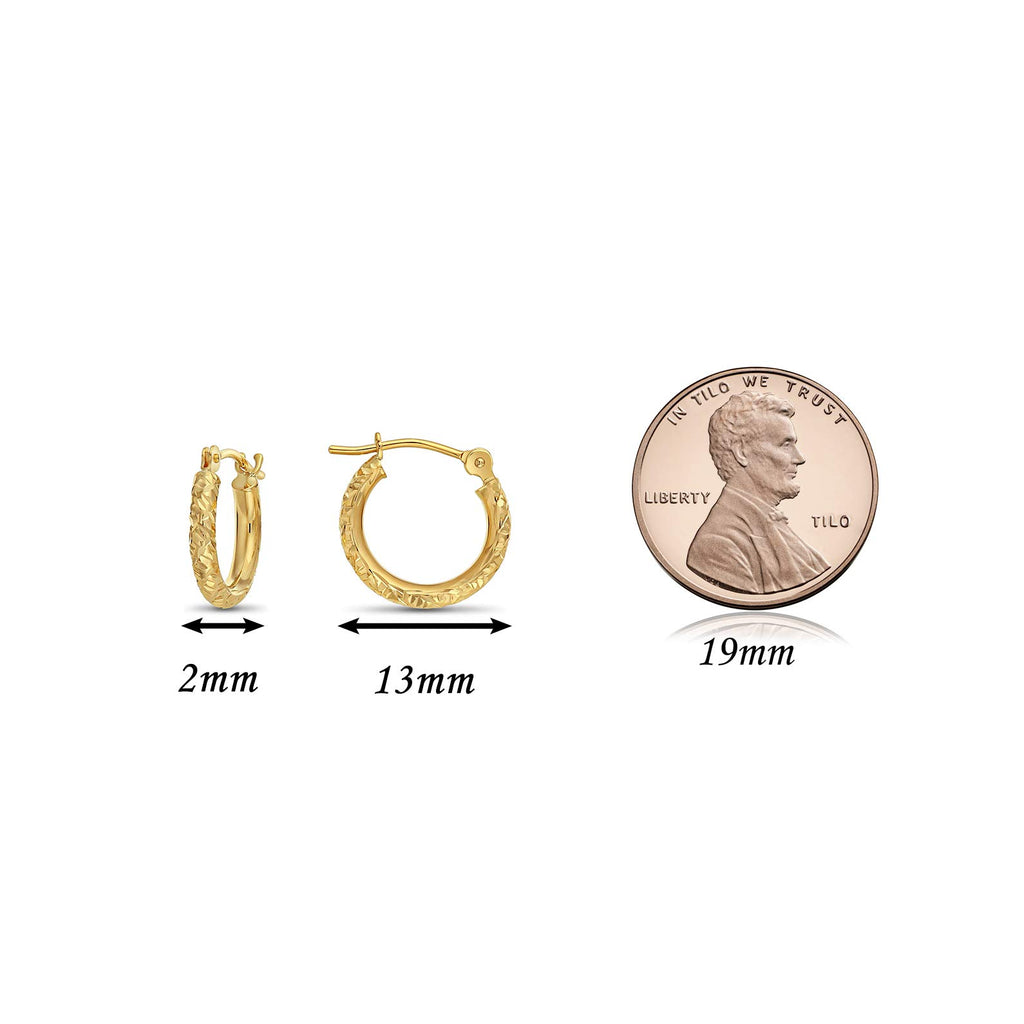 14k Gold Hand Engraved Diamond-cut Round Hoop Earrings, (0.5 inch Diameter)