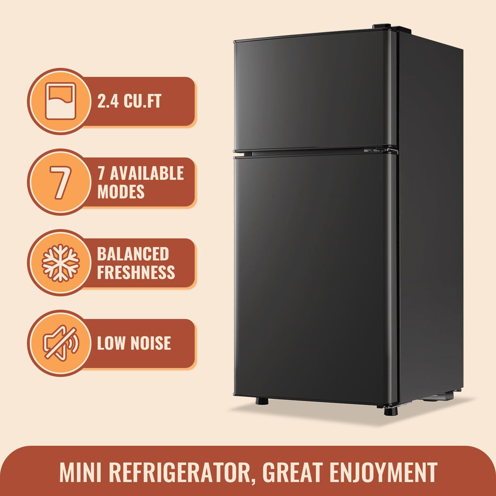 DEMULLER Mini Fridge with Double Doors Small Refrigerator with Separate Freezer & 7 Adjustable Temperature Control, Tiny Size & Personal Fridge Ideal for Office Apartment Dorm Black