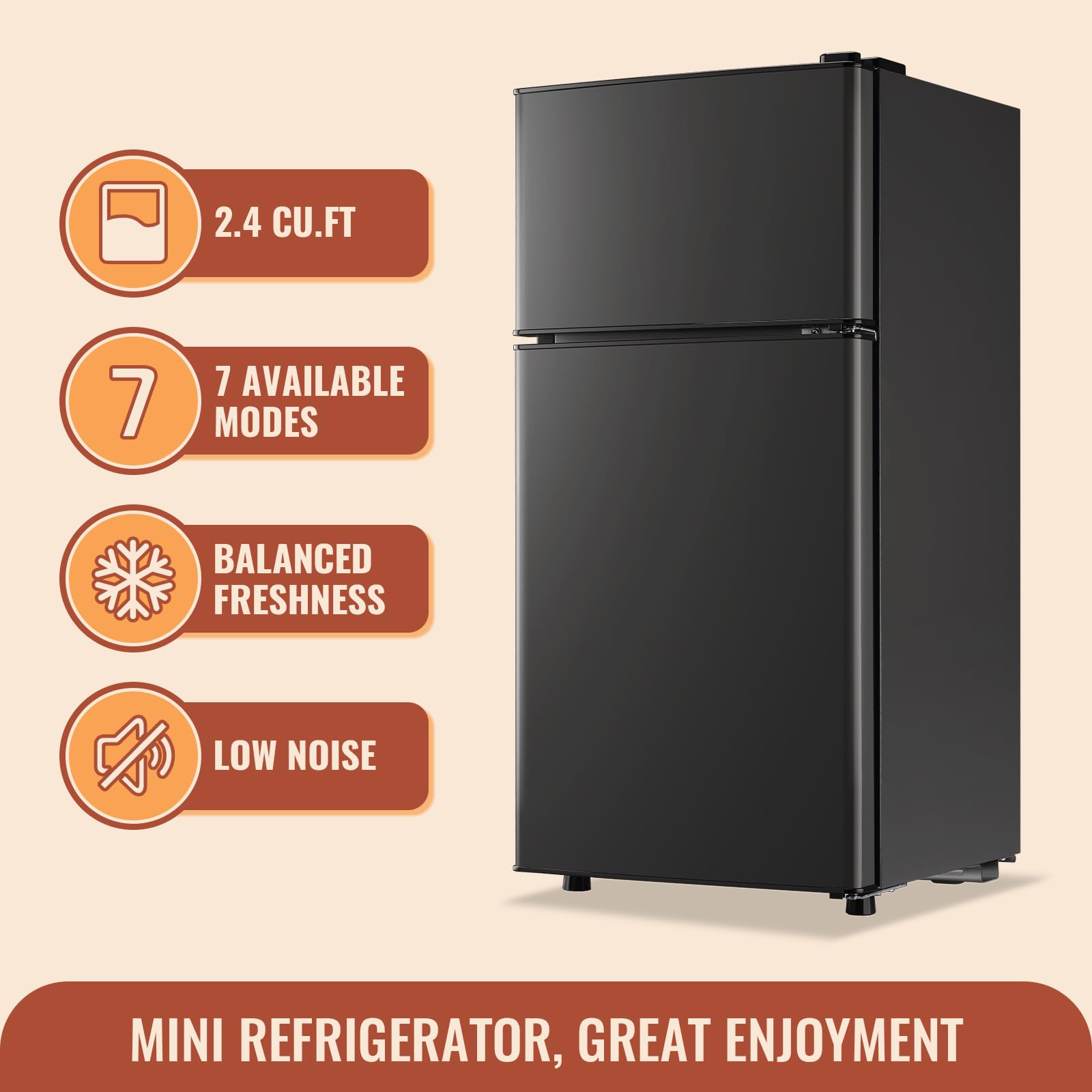 DEMULLER Mini Fridge with Double Doors Small Refrigerator with Separate Freezer & 7 Adjustable Temperature Control, Tiny Size & Personal Fridge Ideal for Office Apartment Dorm Black