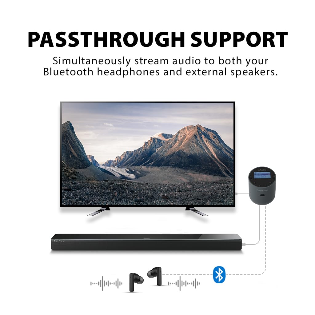 Avantree Orbit Bluetooth 5.0 Audio Transmitter for TV with 5.1 Surround Sound Passthrough Support, Class 1 Long Range, LED Display, Dual Link, 100% TV Compatibility Delivers No Lip sync Delay