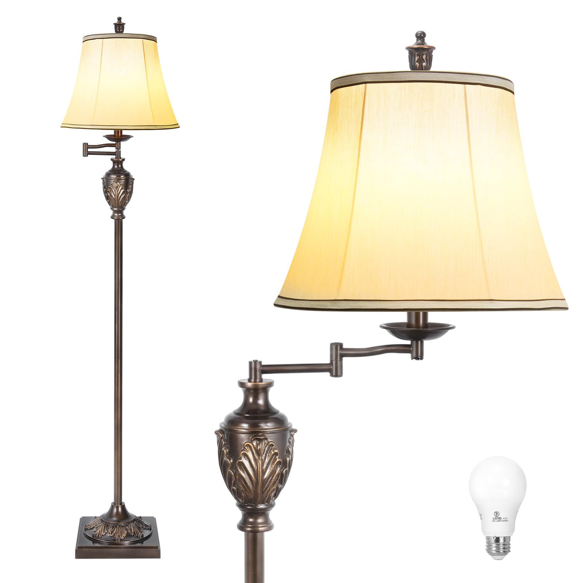 Traditional LED Floor Lamp with 350° Adjustable Swing Arm Lamp – Vintage Standing Pole lamp for Living Room, Bedroom and Office – Rustic Upright Floor Light for Home Décor with Silk Fabric Shade