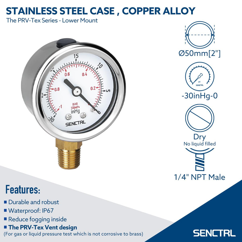 SENCTRL 30inHg Vacuum Pressure Gauge, 2" Dial, 1/8 NPT Lower Mount, Waterproof, Stainless Steel Case, for Tube Tester, HVAC, Pneumatic Air Compressor, Hand Pump, Valve Test