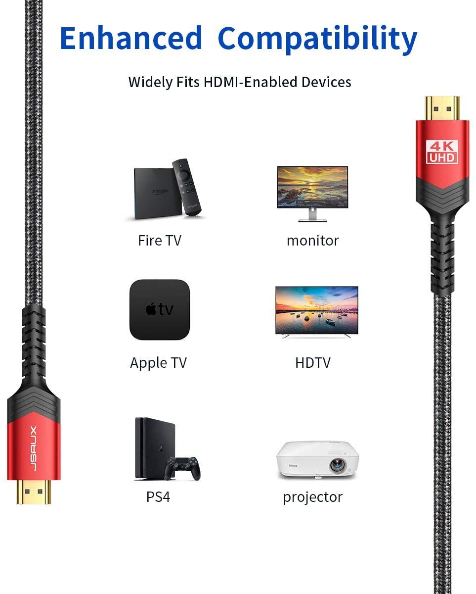 JSAUX 4K Long HDMI Cable 2 Pack 15ft, 18Gbps High Speed HDMI 2.0 Braided Cord, 4K 60Hz HDR, 2K 1440P 144Hz, 1080p, HDCP 2.2, 3D, ARC, Ethernet Compatible with Monitor Smart TV PC PS5 PS4 Blu-ray -Red