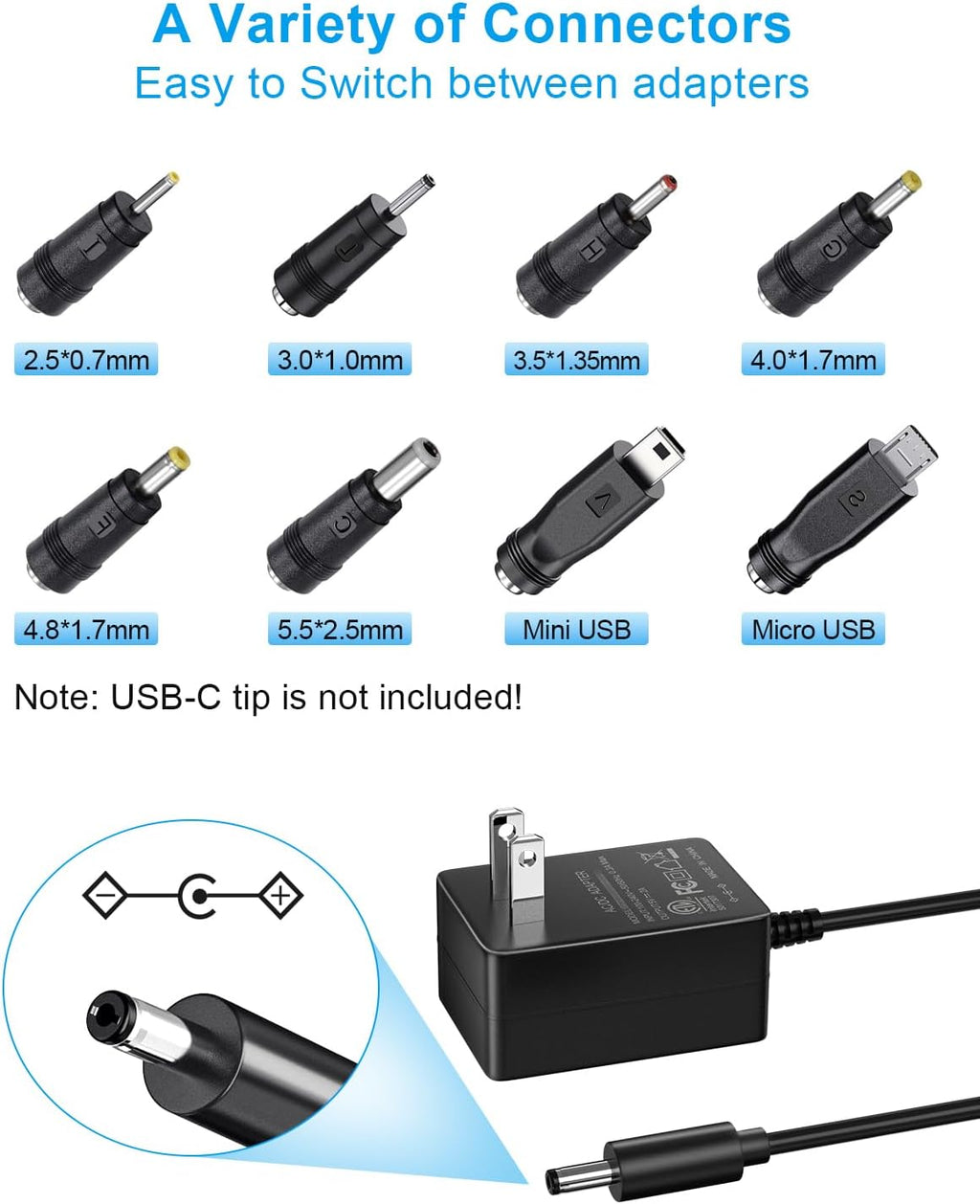 SoulBay 5V 2A Power Supply Adapter 10W AC100-240V to DC 5 Volt 2Amp Versatile Charger Cord with 8 Plugs for USB Hub TV Box Tablet Camera Speaker GPS Webcam Router and More 5vdc Electronics, 5FT