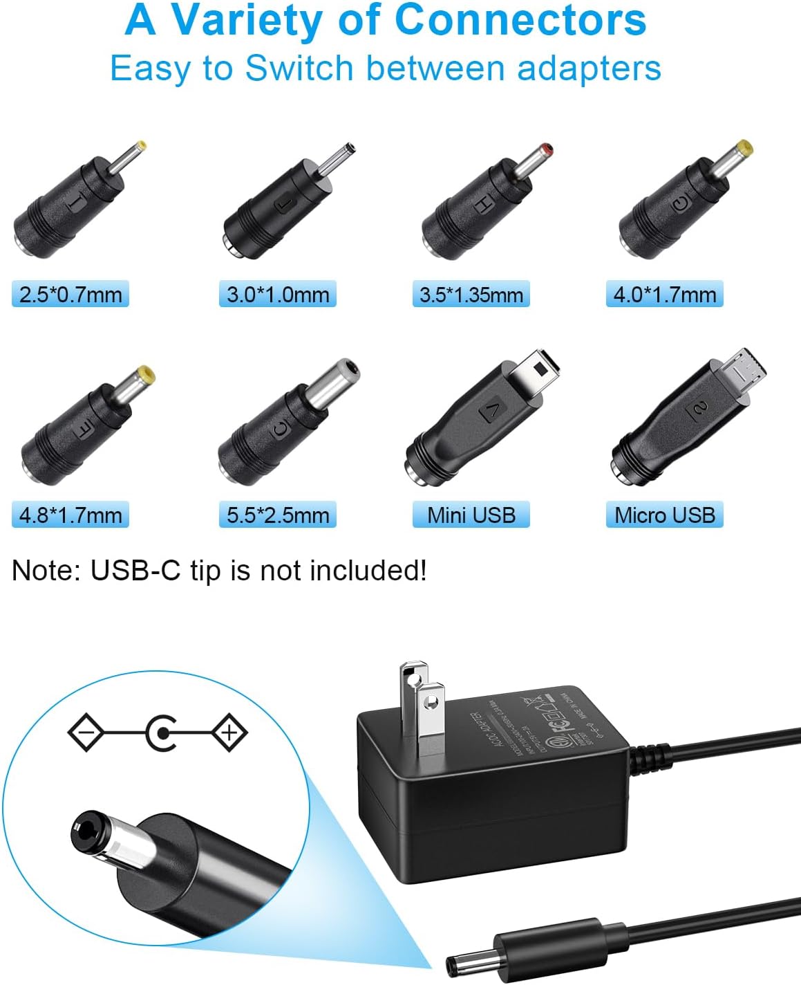 SoulBay 5V 2A Power Supply Adapter 10W AC100-240V to DC 5 Volt 2Amp Versatile Charger Cord with 8 Plugs for USB Hub TV Box Tablet Camera Speaker GPS Webcam Router and More 5vdc Electronics, 5FT