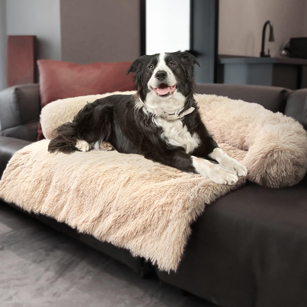 Luxurious Calming Dogs/Cats Bed Mats, Dog Pad Washable Removable Couch Cover, Plush Long Fur Mat for Pets, Waterproof Lining, Perfect for Small, Medium and Large Dogs and Cats (Beige, 31"x23")