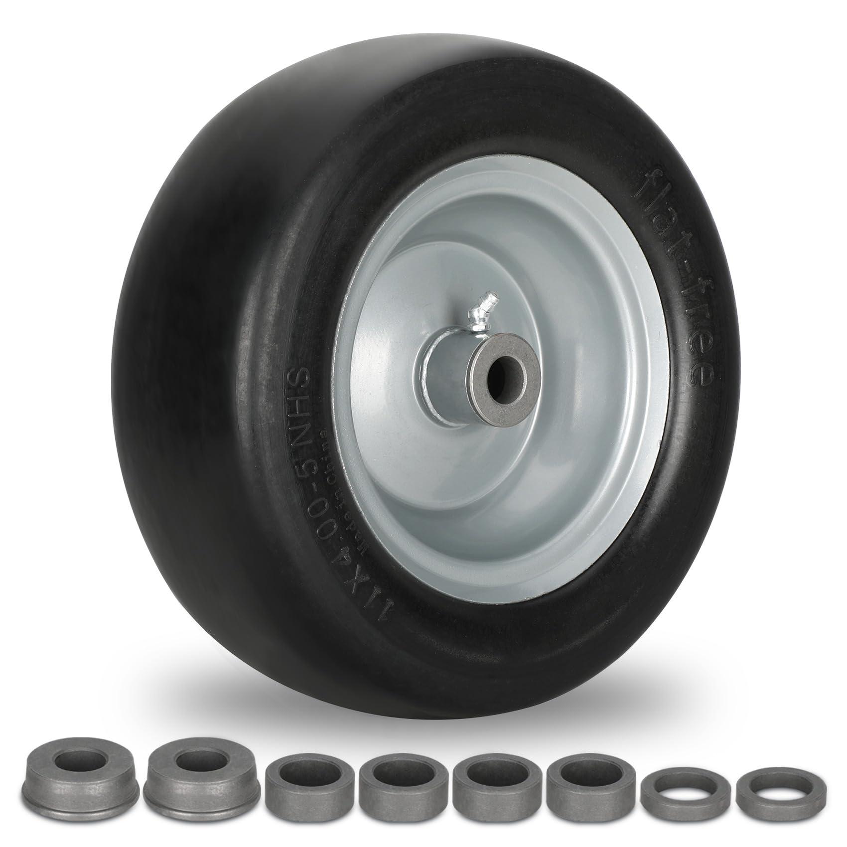2 PCS 11x4.00-5" Lawn Mower Tires Flat Free,3/4" 5/8" 1/2" Bushing,3.4"-4"-4.5"-5" Centered Hub,Universal Fit Smooth Tread Tire for Zero Turn Lawn Mowers, with Universal Adapter Kit(Blcak Rim)