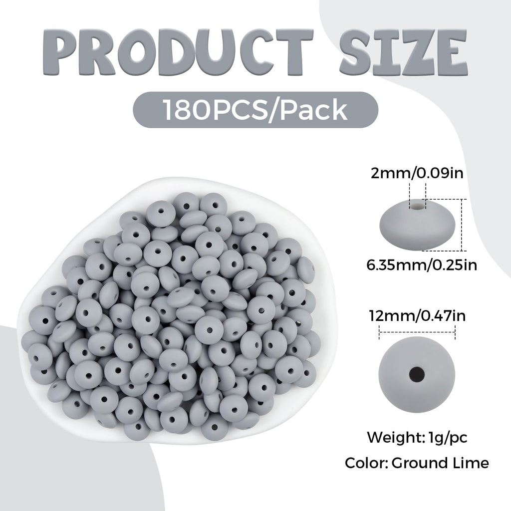 FIVEIZERO 180PCS Silicone Lentil Beads,12mm Spacer Beads | Flexible Silicone, 2mm Hole Design, Easy to Thread, Fade Resistant, Easy to Clean