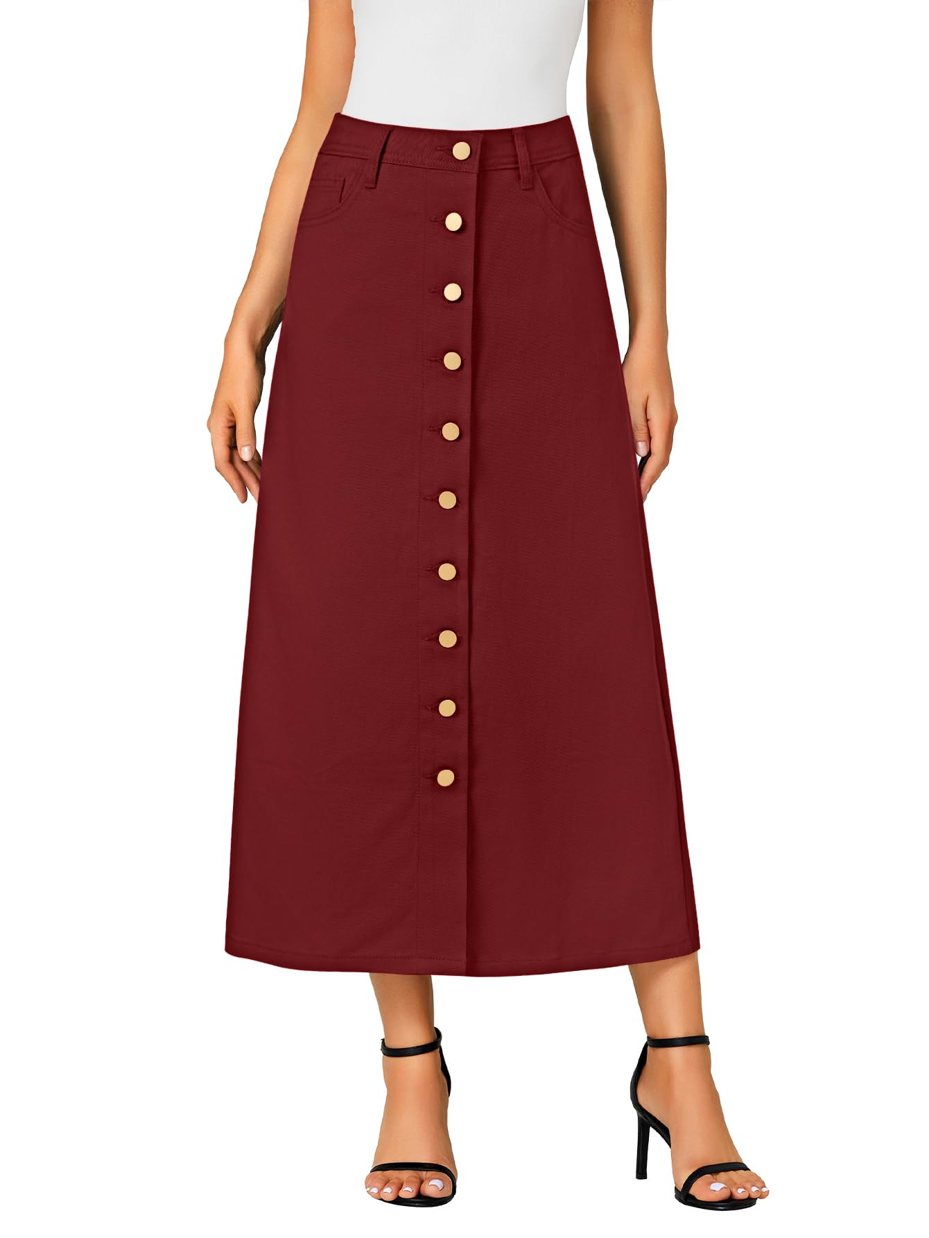 Vrtige Women's Casual Button Down High Waisted A Line Jean Midi Long Denim Skirt with Pockets
