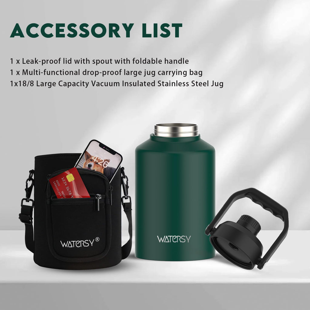 WATERSY Half Gallon Water Bottle Insulated(Cold for 48 Hrs),BPA Free&Leak Proof,64oz Stainless Steel Water Jug/Flask,Big thermo,Large Water Bottle with Handle for Gym,Hiking,Camping,Black