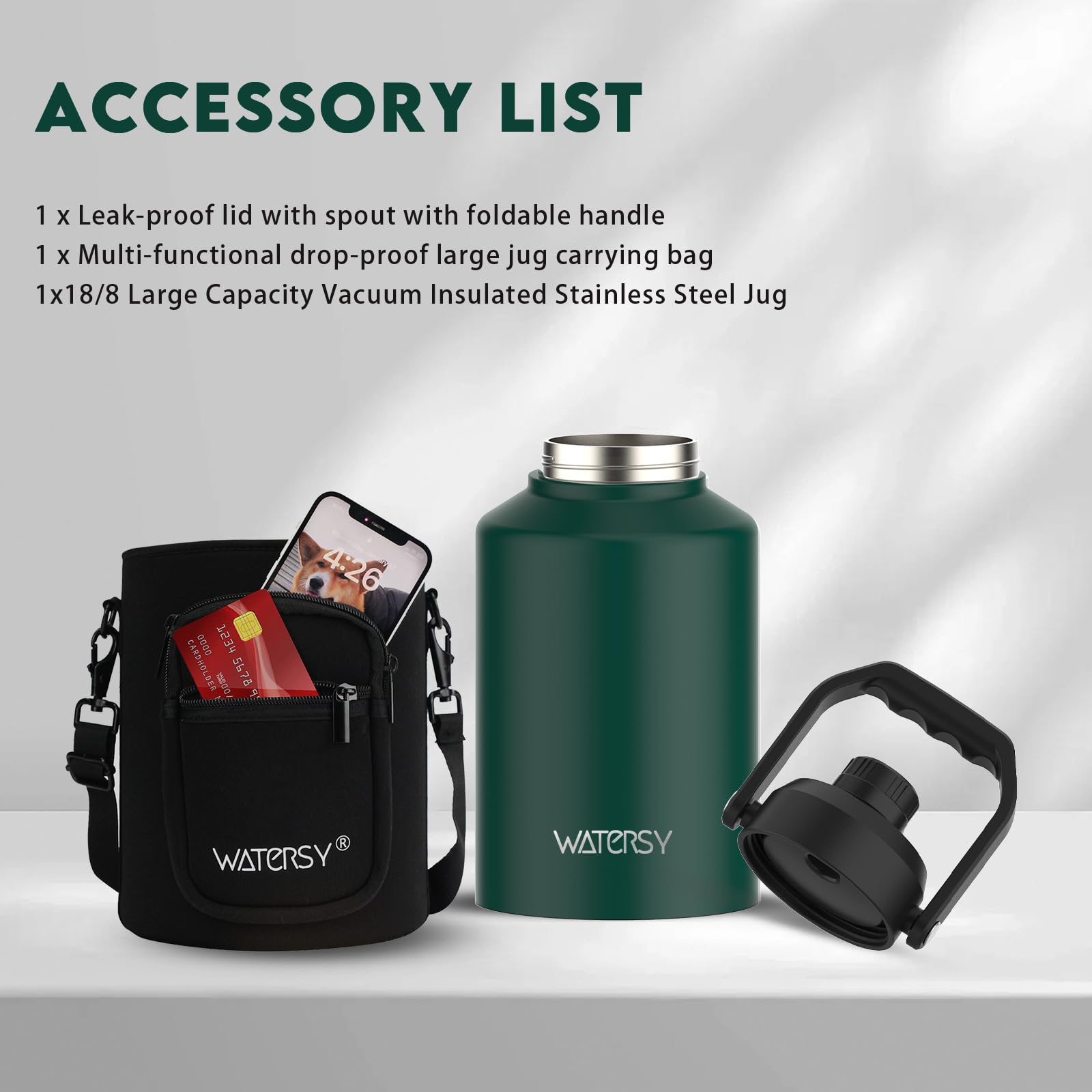 WATERSY Half Gallon Water Bottle Insulated(Cold for 48 Hrs),BPA Free&Leak Proof,64oz Stainless Steel Water Jug/Flask,Big thermo,Large Water Bottle with Handle for Gym,Hiking,Camping,Black