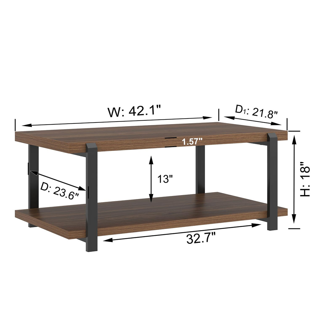 FOLUBAN Black Coffee Table, Modern Rustic Wood Center Table with Storage for Living Room, Industrial Rectangle 2 Tier Cocktail Tea Table, Black Oak