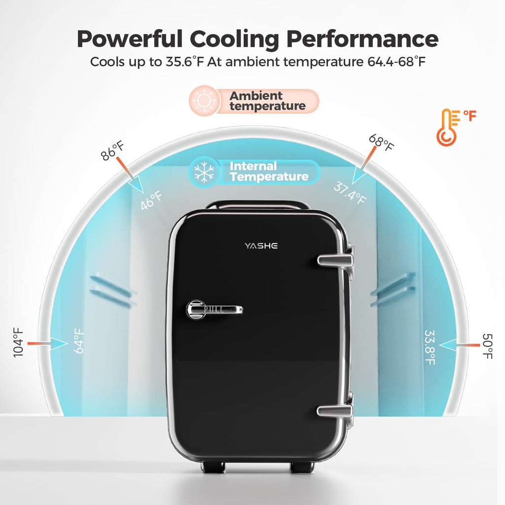 YASHE Mini Fridge, 4 Liter/6 Can Mini Makeup Fridge, 110V AC/ 12V DC Portable Thermoelectric Cooler&Warmer for Skincare, Drink, Cosmetic, Medicine, Small fridge for Bedroom, Office, Dorm, Car, Black
