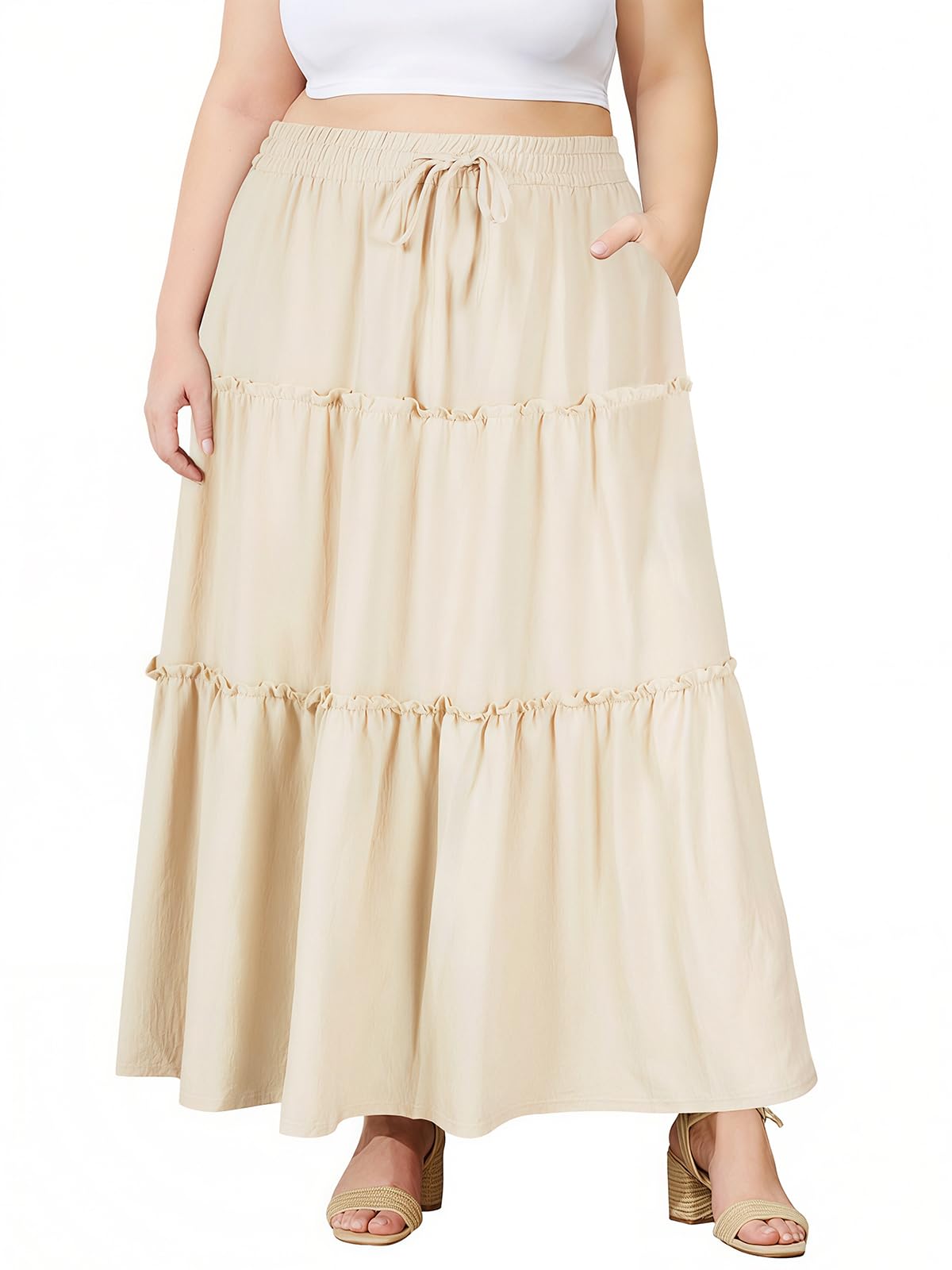 Moon Wood Plus Size Maxi Skirts for Women Trendy Long Flowy Boho Tiered Skirt Renaissance Summer Beach Skirt with Pockets