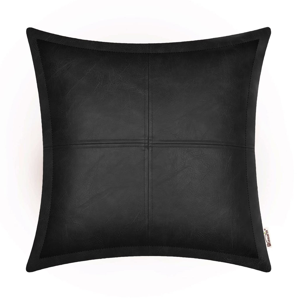 BRAWARM Faux Leather Throw Pillow Covers 16 X 16 Inches, Black Leather Pillow Cover, Hand Stitched Leather Decorative Pillow Cover for Couch Sofa Bed Living Room Home Garden