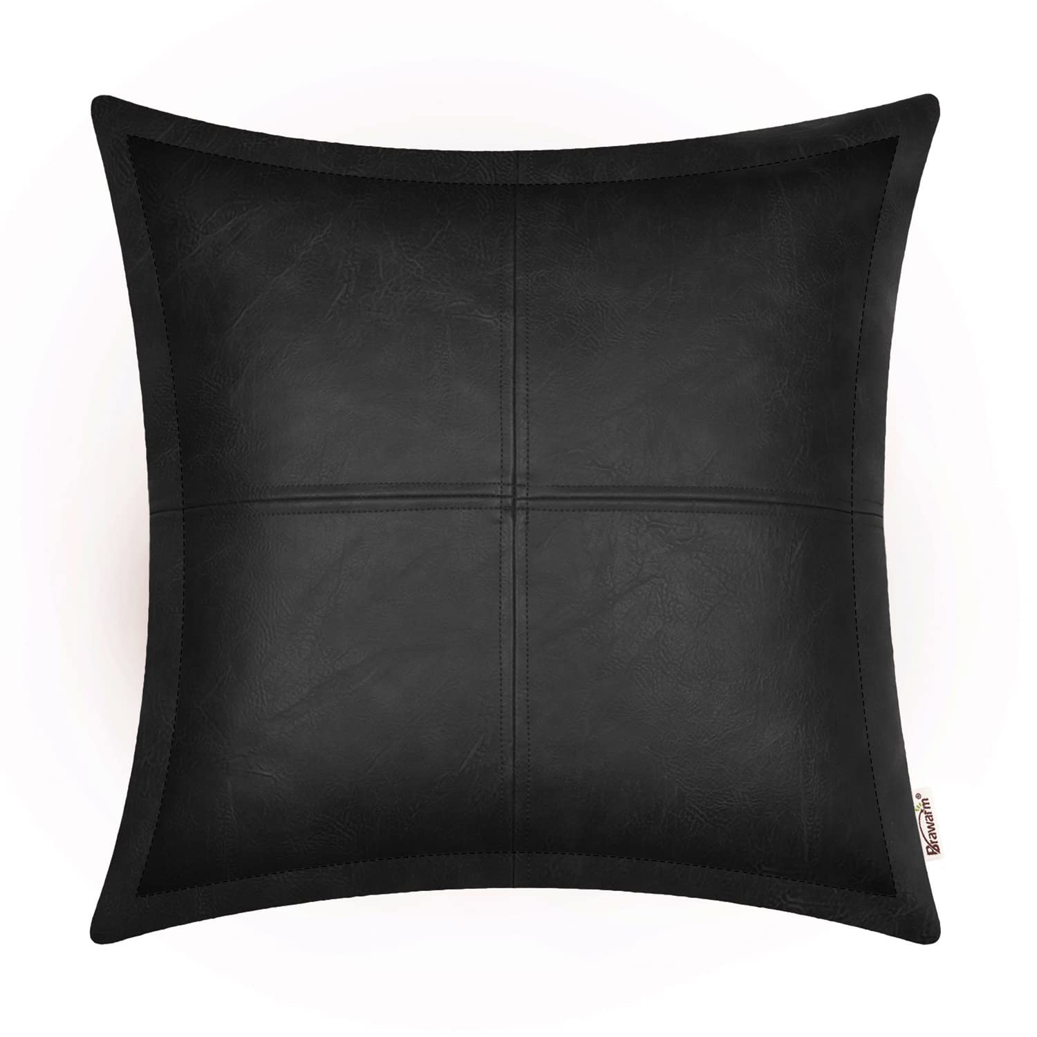 BRAWARM Faux Leather Throw Pillow Covers 16 X 16 Inches, Black Leather Pillow Cover, Hand Stitched Leather Decorative Pillow Cover for Couch Sofa Bed Living Room Home Garden