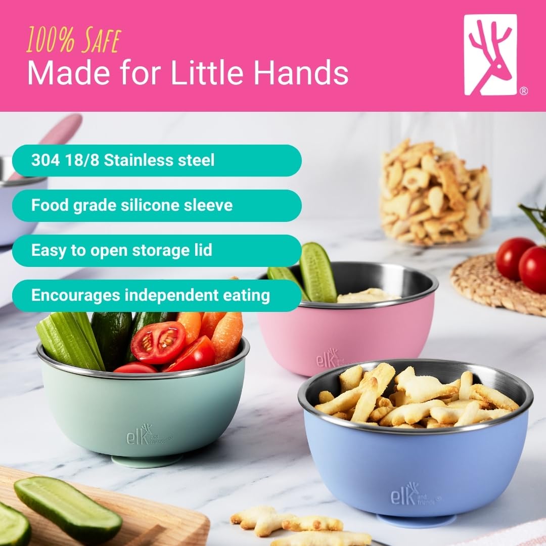 Elk and Friends Stainless Steel Bowls + Silicone Sleeve and Storage Lid | Baby, Toddler, Kids | Cereal & Snack Bowls | Storage Containers | Dishwasher Safe | 4 Pack