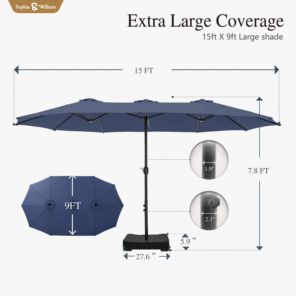 Sophia & William 15 ft Extra Large Patio Umbrella with Base Included, Rectangular Outdoor Umbrella Heavy Duty, Market Umbrella Double-sided Fade Resistant for Pool Garden Backyard, Beige