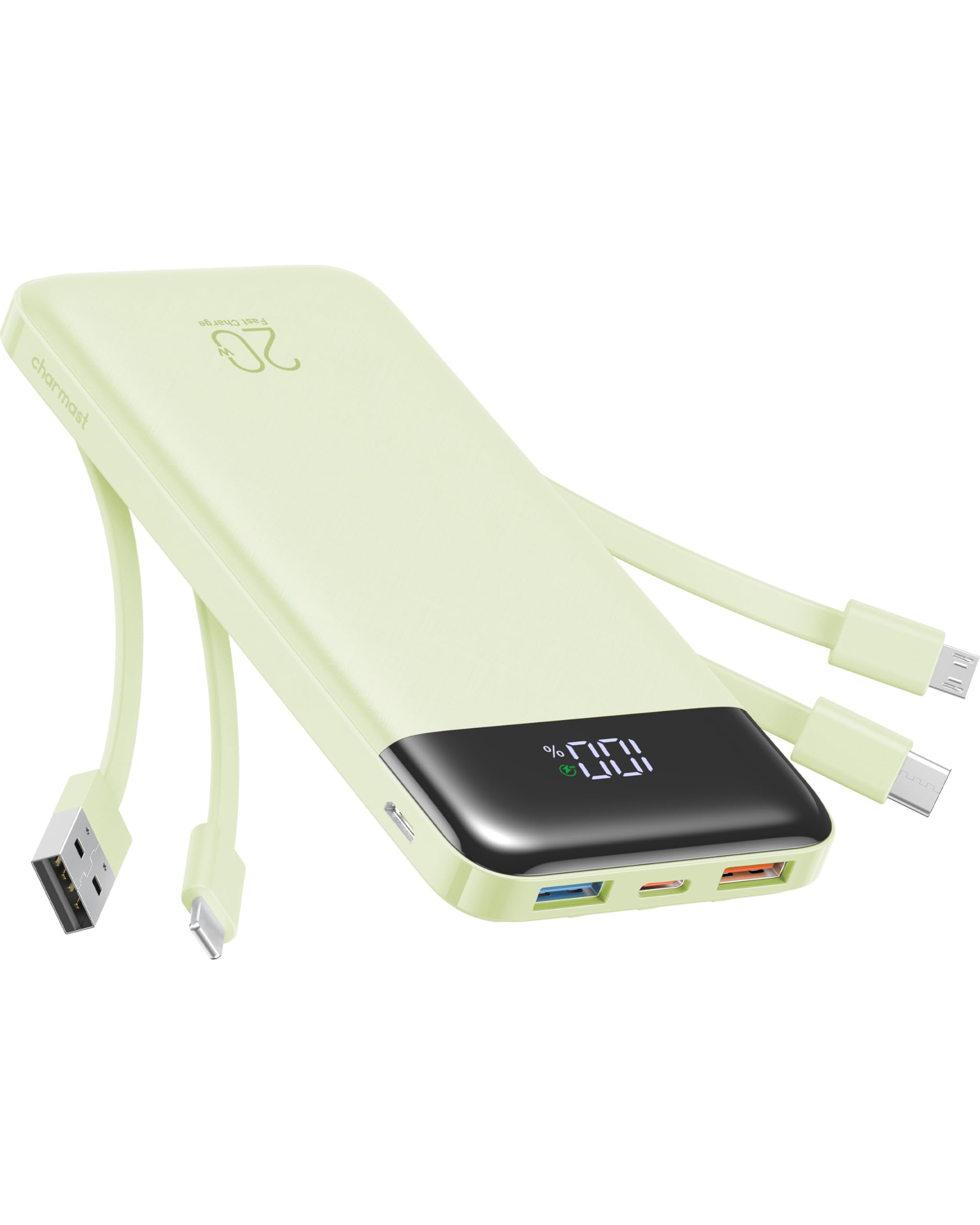 charmast 20000mAh Portable Charger with Built in Cables, 22.5W Travel Power Bank Fast Charging, USB C Cell Phone Battery Pack for iPhone 17/16/15/14/13/12 Series, iPad, Samsung, Android, Tablet