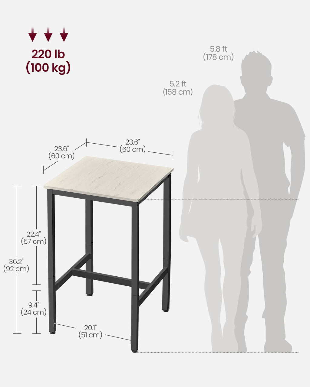 VASAGLE Bar Table, Kitchen Dining Table, High Top Pub Table, Bar Height Cocktail Table for Living Room Party, Sturdy Metal, 15.7 x 39.4 x 35.4 Inches for Narrow Spaces, Ebony Black and Ink Black